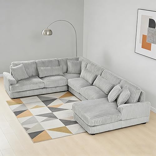 ERYE 129-Inch U-Shaped Sectional Sofa Couch W/Right Facing Chaise Lounge,Oversized Corduroy Upholstered Corner Modular Sofa Couch with 7 Toss Pillows for Living Room Sets