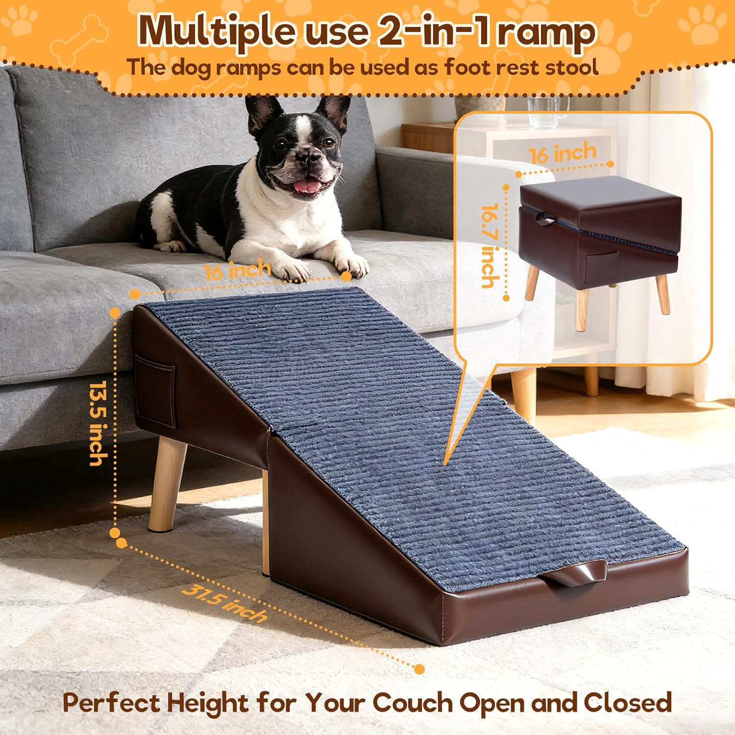 dog ramp for bed and couch, 13.5" h foldable dog ramp ottoman for small dogs and cats with 16" wide walking space, non-slip wooden pet stairs for puppies, small/large dogs & senior cats
