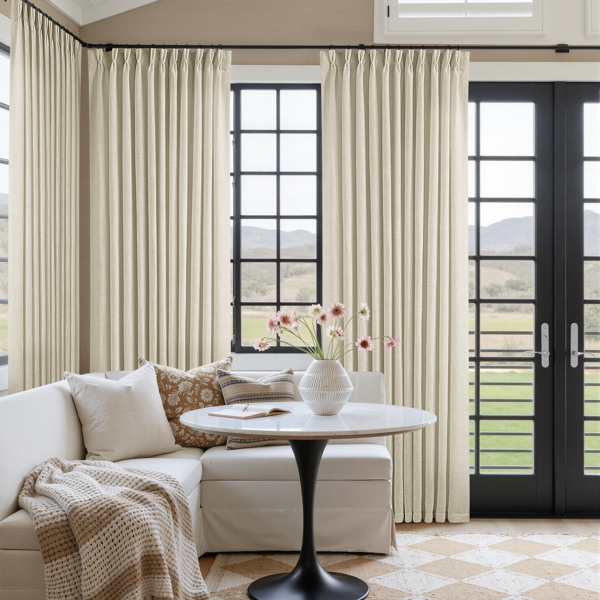 Pinch Pleat Extra Wide Beige Linen Curtain 102 Inches Long 70 Wide 1 Panel