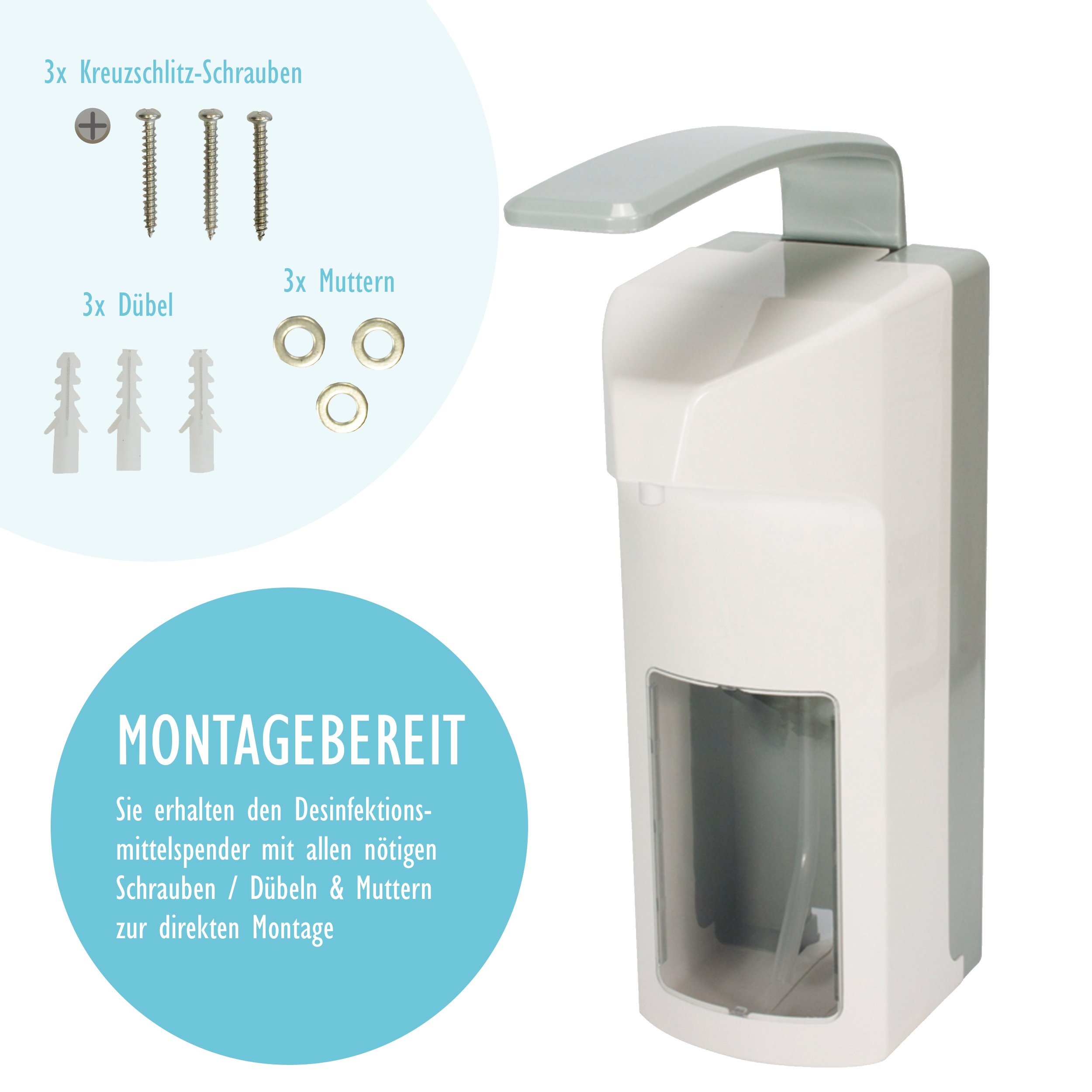Desinfektionsmittelspender Sterilliumspender 500 ml | Wand-Spender inkl. Befestigungsmaterial | Desinfektionsspender Kunststoff | Dosier-Pumpe für Desinfektionsmittel/Seife