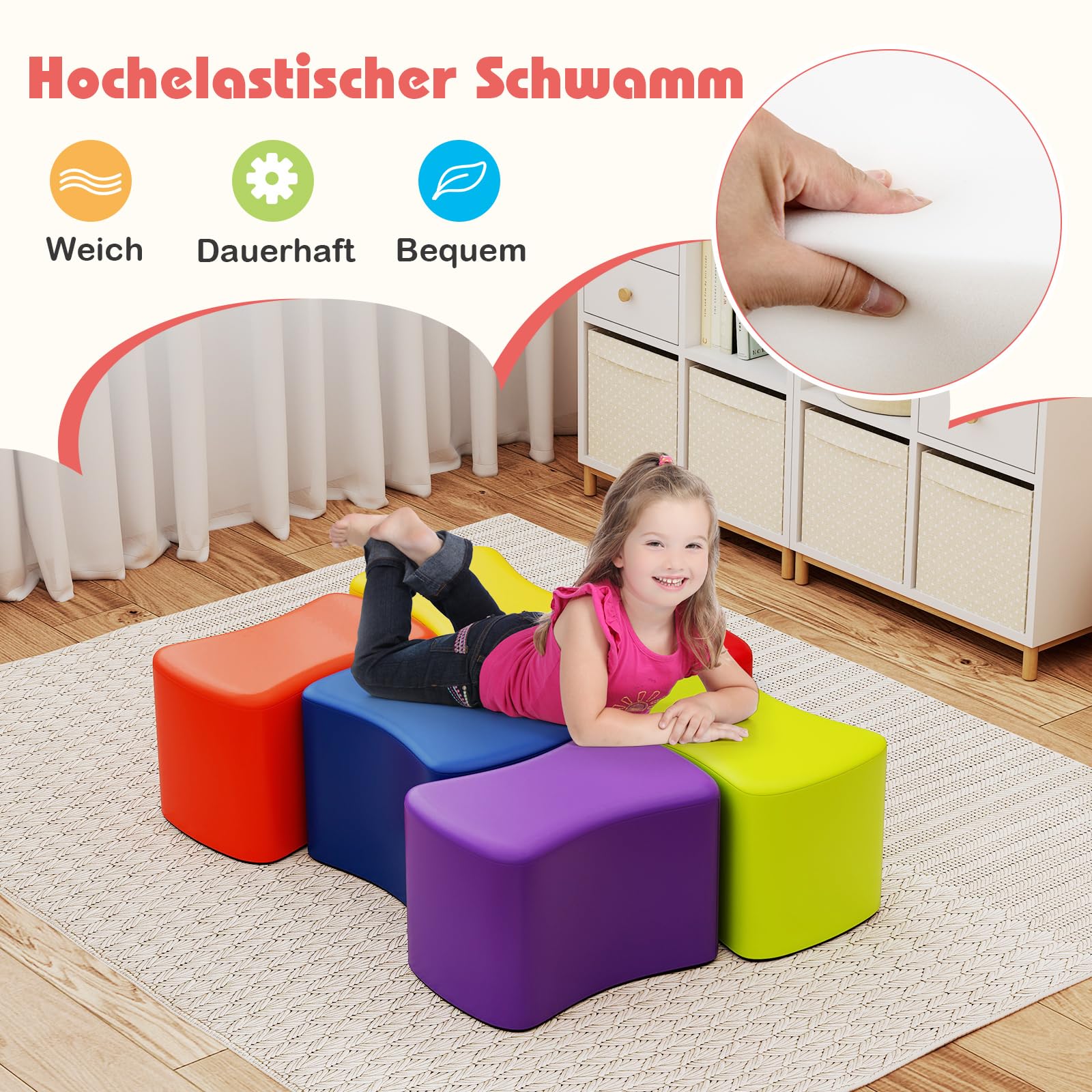 COSTWAY 6 er Set Kinderhocker, Schmetterlingshocker aus Schaumstoff mit abnehmbarem PU-Bezug, bunter Sitzhocker stapelbar, Fußhocker für Kinderzimmer, Kindergarten