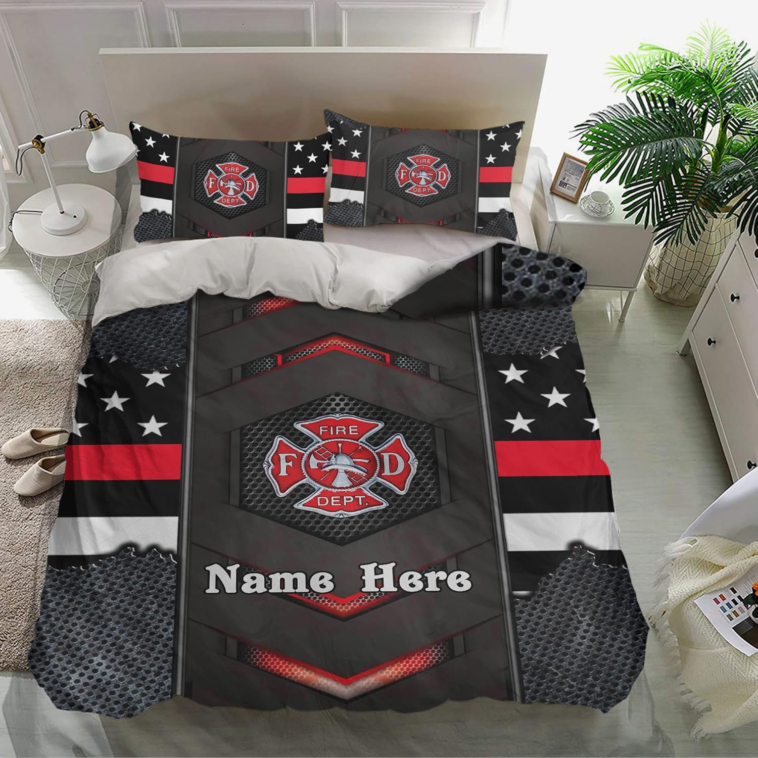 OhaPrints Personalized Firefighter Duvet Cover, Proud Firefighter Uniform Bedding Set & Pillowcases, Custom Name Soft Lightweight Twin Full Queen King Comforter Cover Bed Set Gift for Fireman
