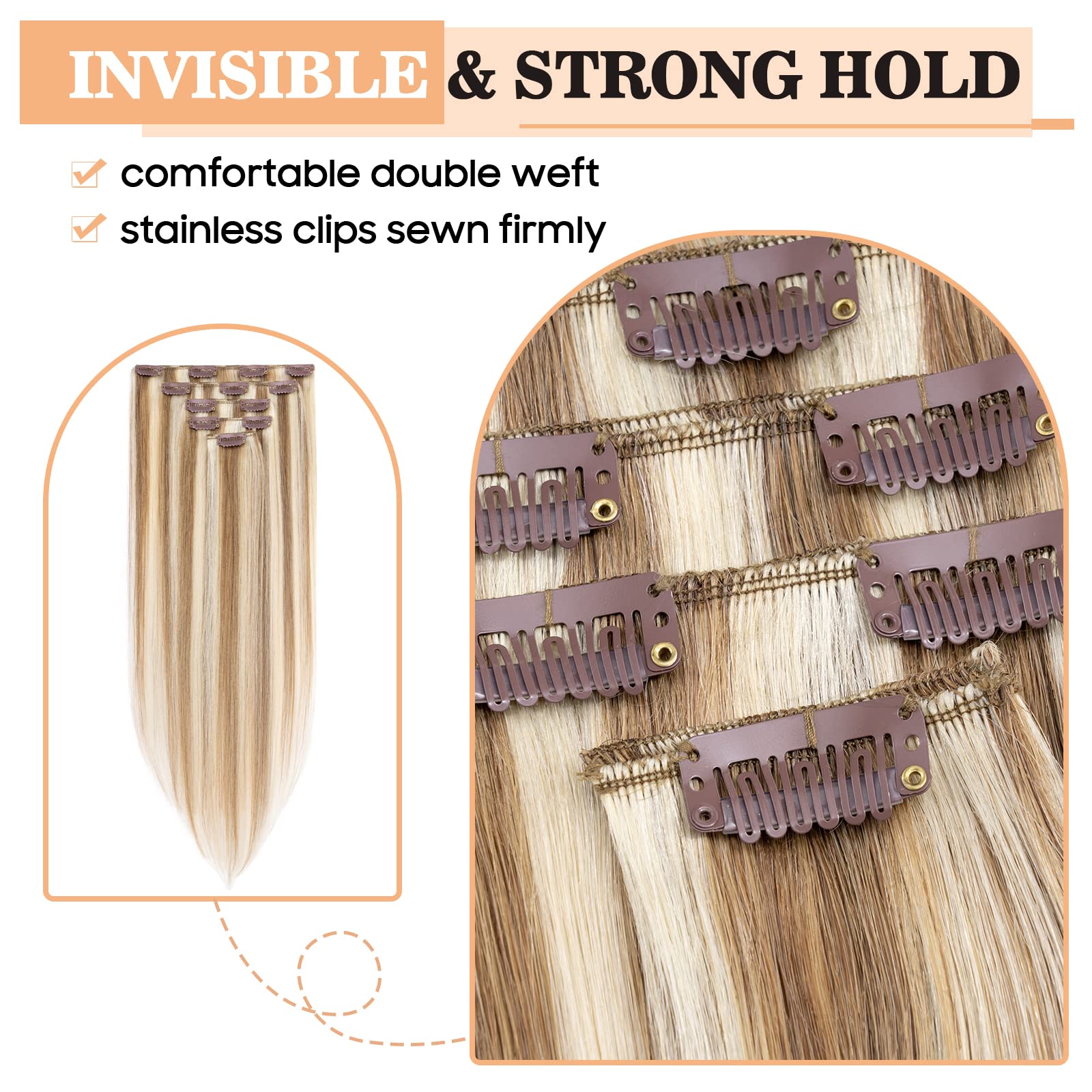 S-noilite Clip in Hair Extensions Real Human Hair Golden Brown/Bleach Blonde - Image 4
