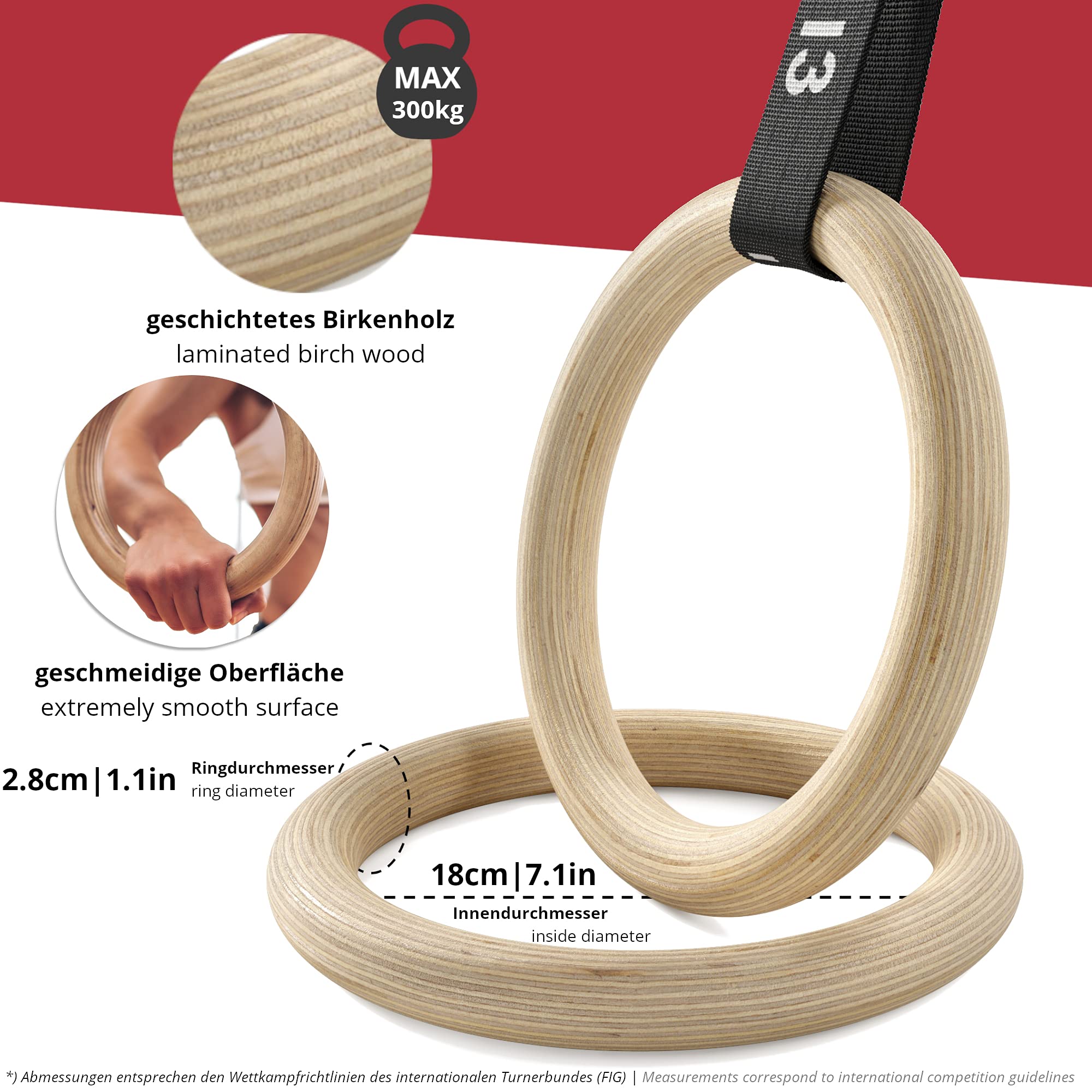 Gymnastic Rings Set Wood + Door Anchor Attachment, Exercise eBook