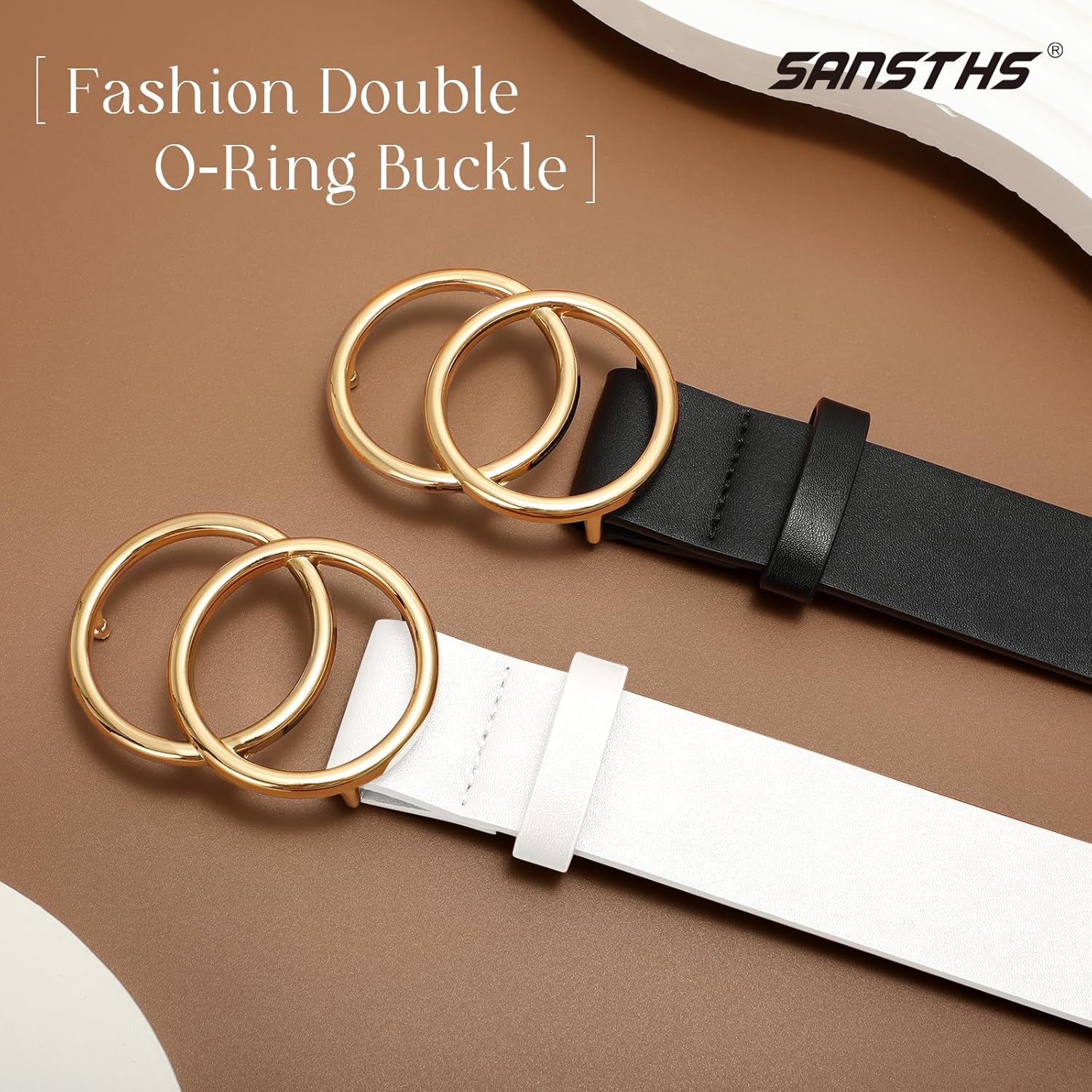 SANSTHS 2 Pack Women Leather Belts Faux Leather Jeans Belt with Double O Ring Buckle - Image 3