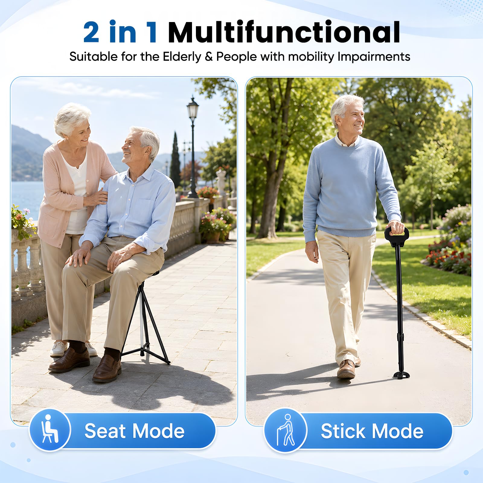 Canne de marche avec siège, canne pliante pour seniors, idéale pour les activités de plein air et les voyage, Canne de marche pliante avec siège, 150 kg, avec sac de transport, canne de marche pliante