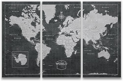 Conquest Maps Mapa de viaje del mundo con alfileres estilo pizarra moderno, tablero de corcho, sigue tus viajes con un mapa de lona único hecho a