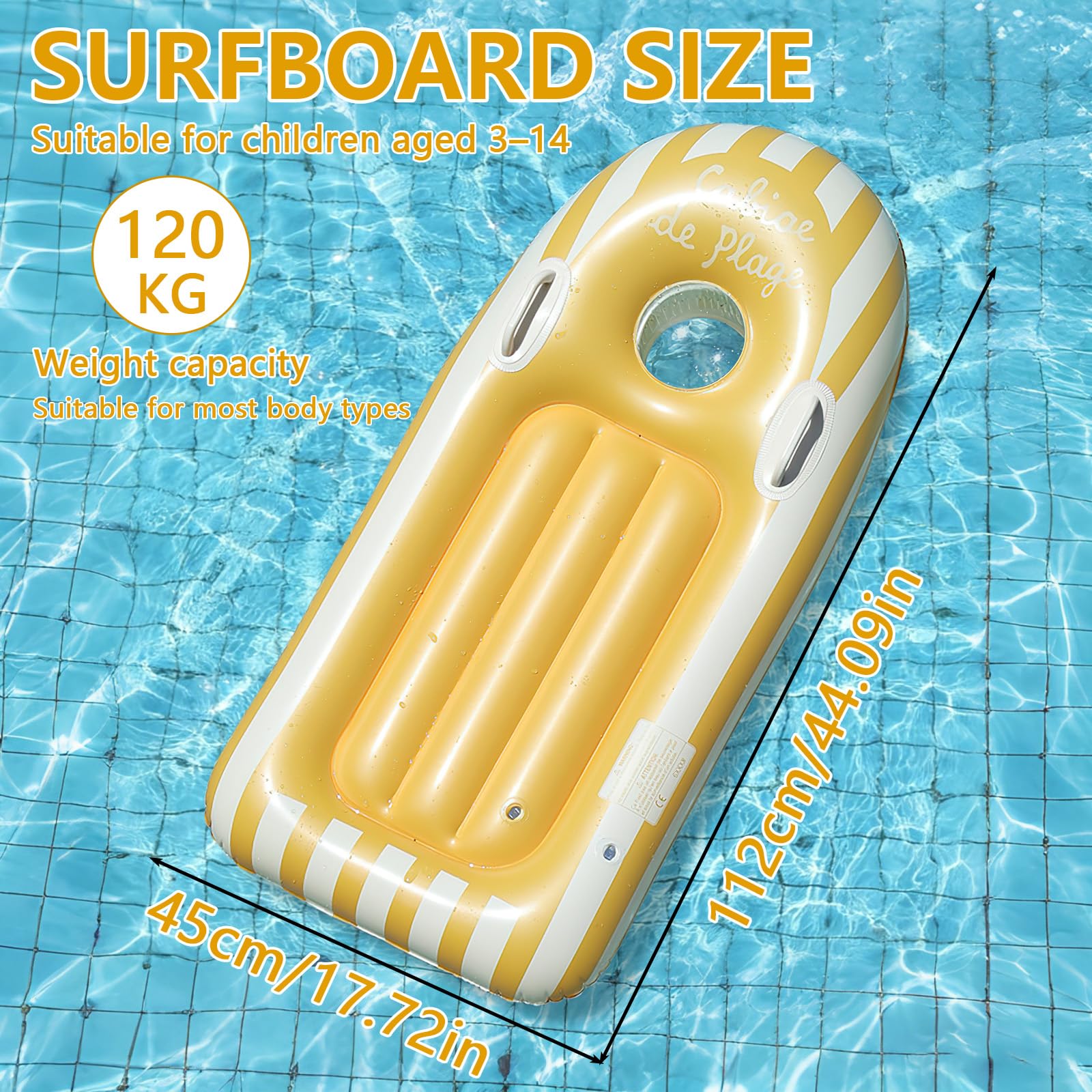 Shyllin Bodyboard Hinchable Niño con Asas 112x45cm Tabla de Surf Ojo de Buey