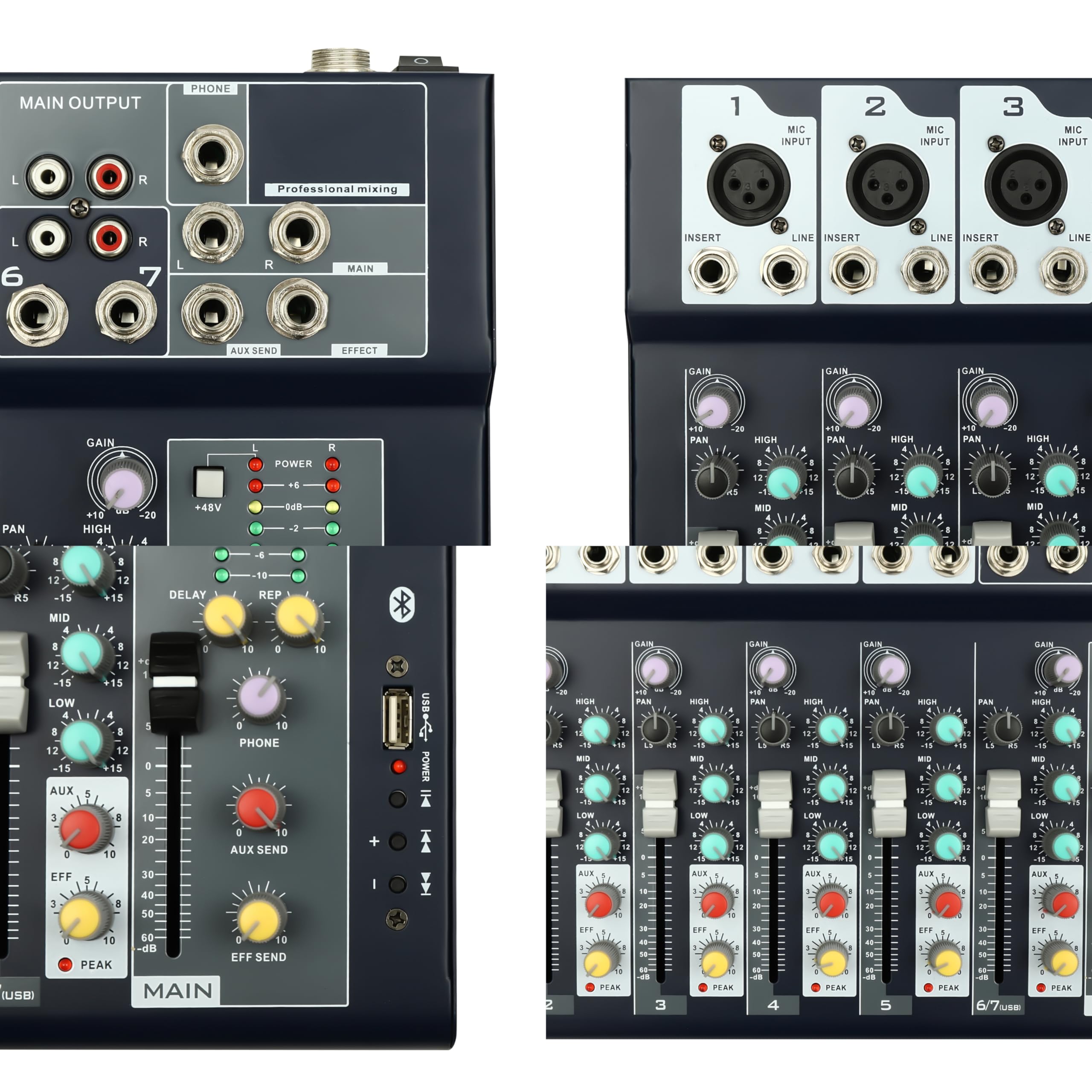 7-kanałowy mikser audio, konsola, mini mikser audio, kontroler DJ, mikser 48 V, zasilanie fantomowe, mikser DJ, 3-pasmowy, wejście mikrofonowe EQ, mikser dźwiękowy, wejście USB, interfejs audio S