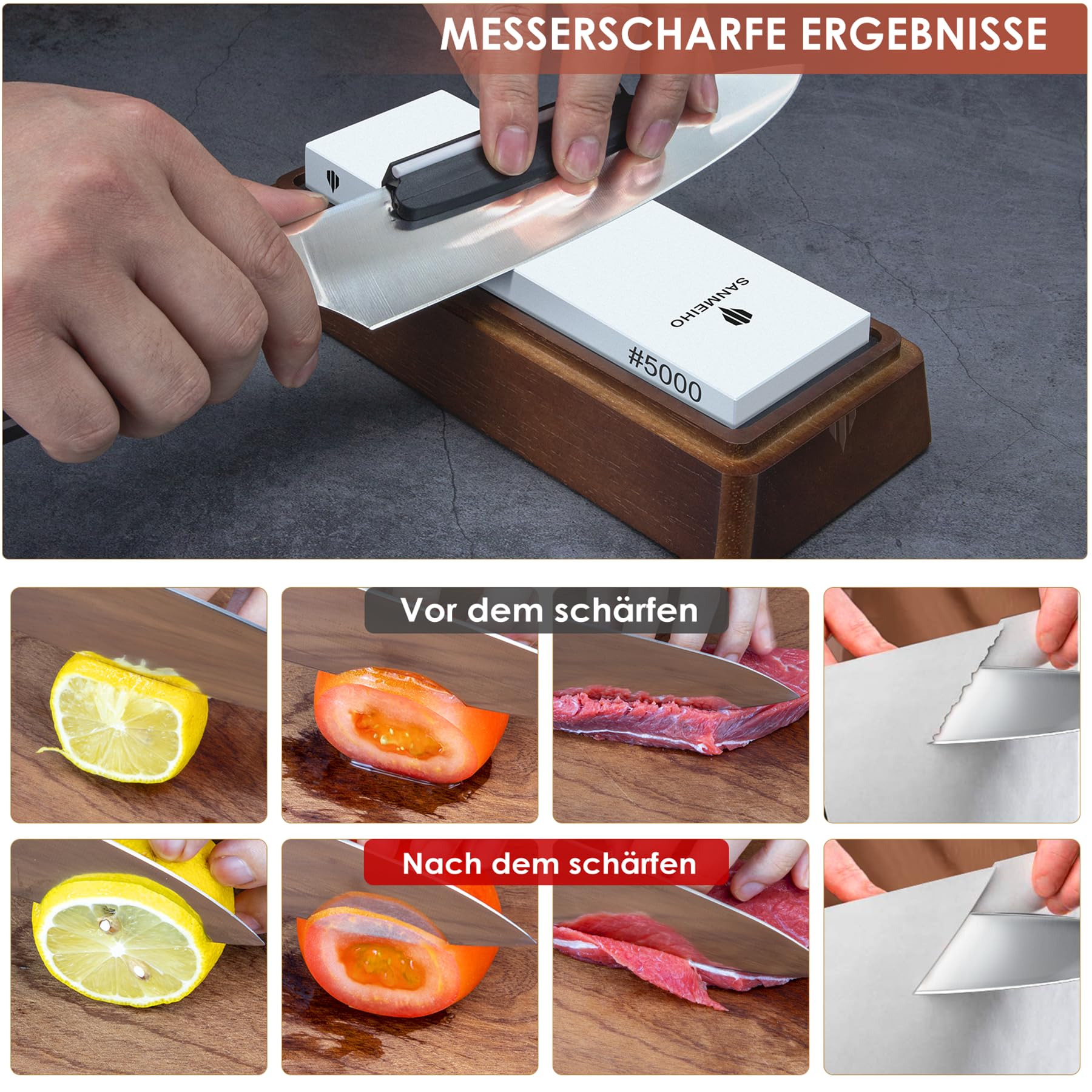 SANMEIHO Schleifstein Set mit Aufbewahrungsbox, Wetzstein Abziehstein Wasserstein 1000/5000 Körnung, Messerschärfer mit Flachstein, Rutschfester Holzbasis und Winkelanschlag für Küchenmesser