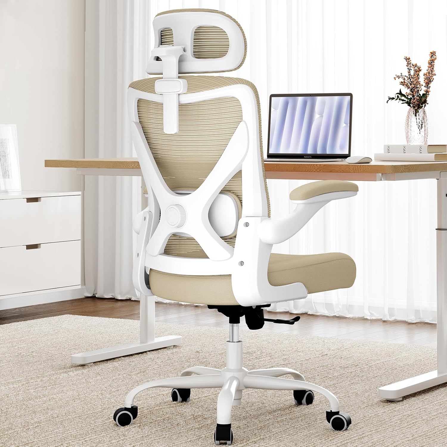 Ergonomic Office Chair - X-Shaped Computer Desk Chair Comfy, Gaming Chair, Office Chair with Lumbar Support, Mesh Office Chairs with Headrests, Desk Chair for Long Hours (White Beige)