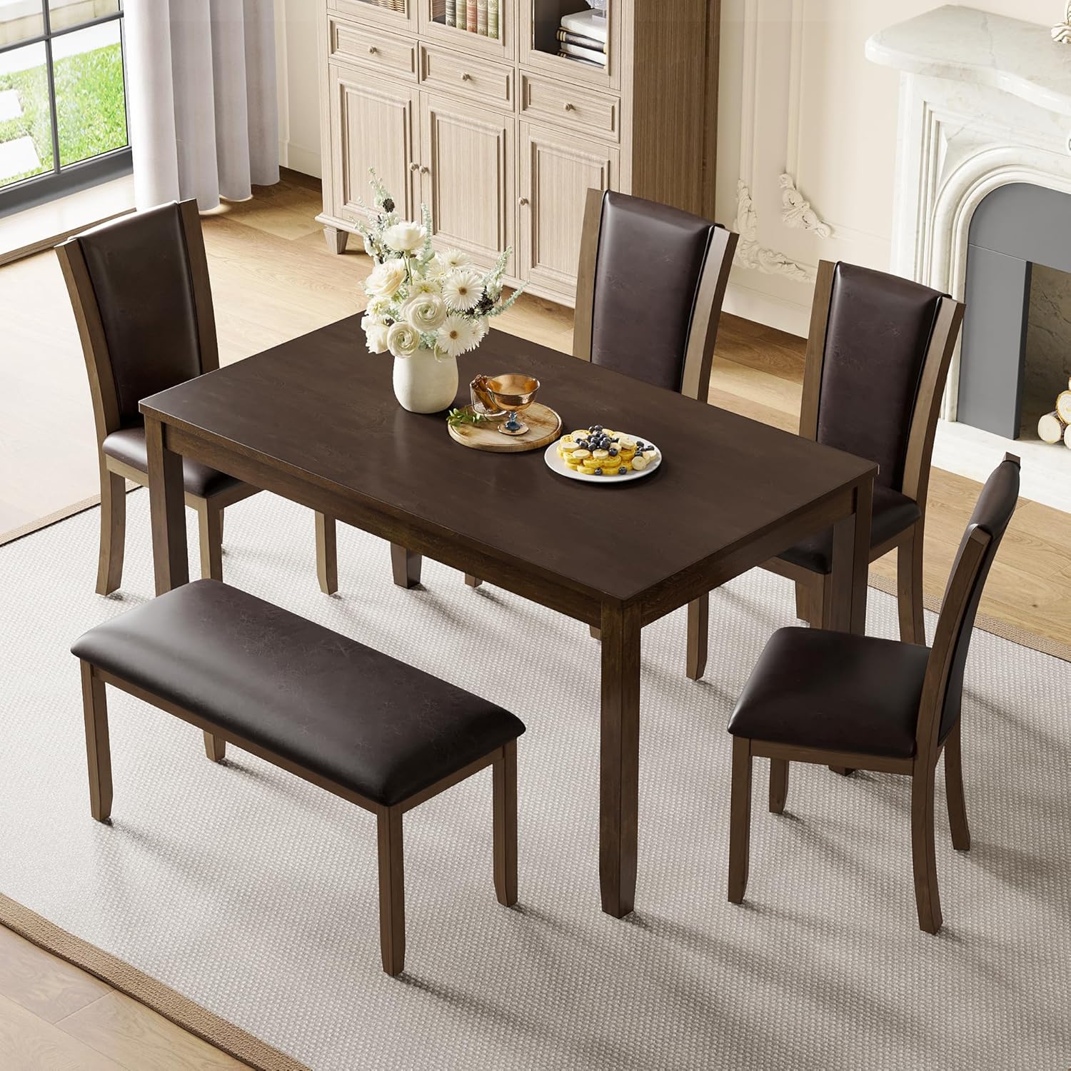 LUMISOL Farmhouse Dining Table Set for 6, Solid Wood Kitchen