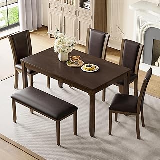 LUMISOL Farmhouse Dining Table Set for 6, Solid Wood Kitchen Table Set with 4 Upholstered Chairs and Bench for Kitchen, Dining Room, Dark Walnut