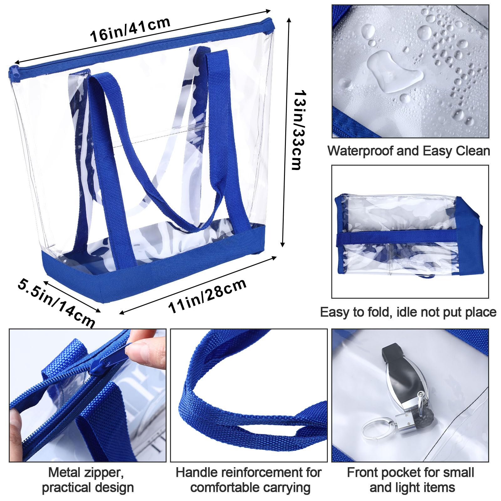 Reginary Transparente Tragetaschen, Schultertasche, Handtasche, Sicherheitsgeprüft, durchsichtig, mit Reißverschluss, für Sportveranstaltungen, Reisen, 8 Stück, Blau, Large, Transparent