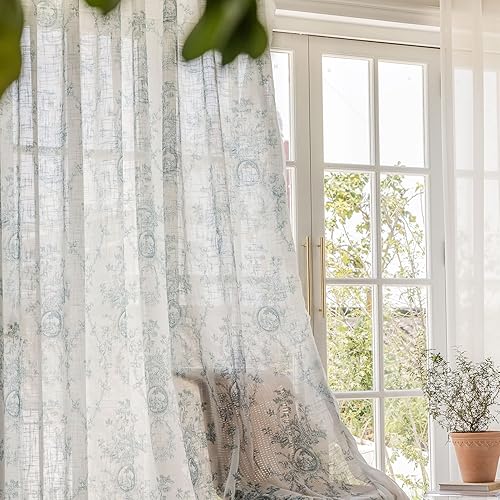 Miniatura 4 de SUOUO Cortinas semitraslúcidas de lino con textura floral azul aguamarina para sala de estar, 84 pulgadas de largo, 2 paneles con bolsillo para
