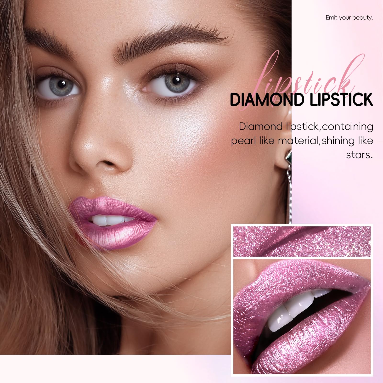 Noerrors Metallic Pink Frost Glitter Lipstick, High Impact Shine Lipcolor - Image 2