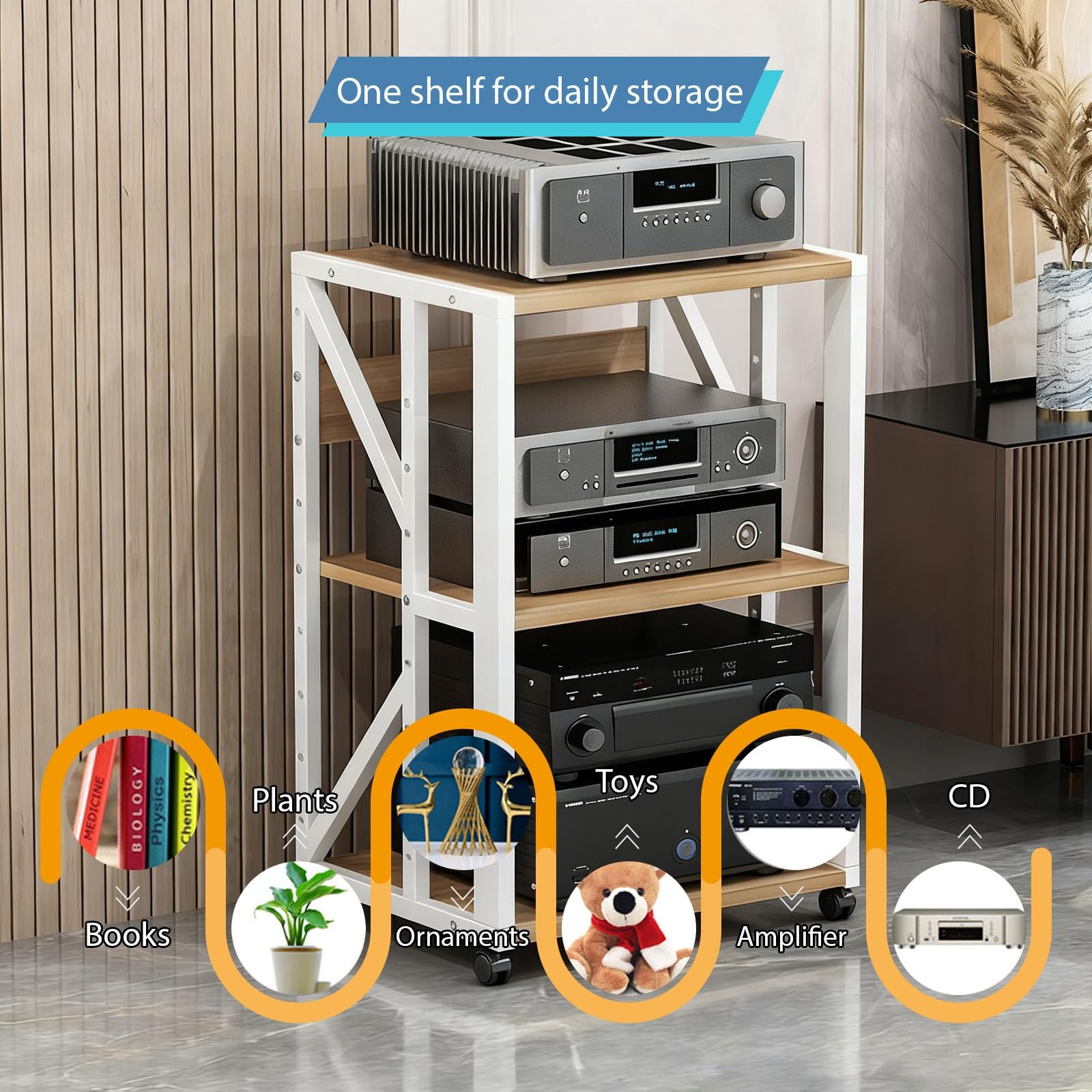 AV Media Stand Armadio regolabile da pavimento con ruote, multifunzione, per CD, DVD, console di gioco, TV, box – perfetto per soggiorno e intrattenimento