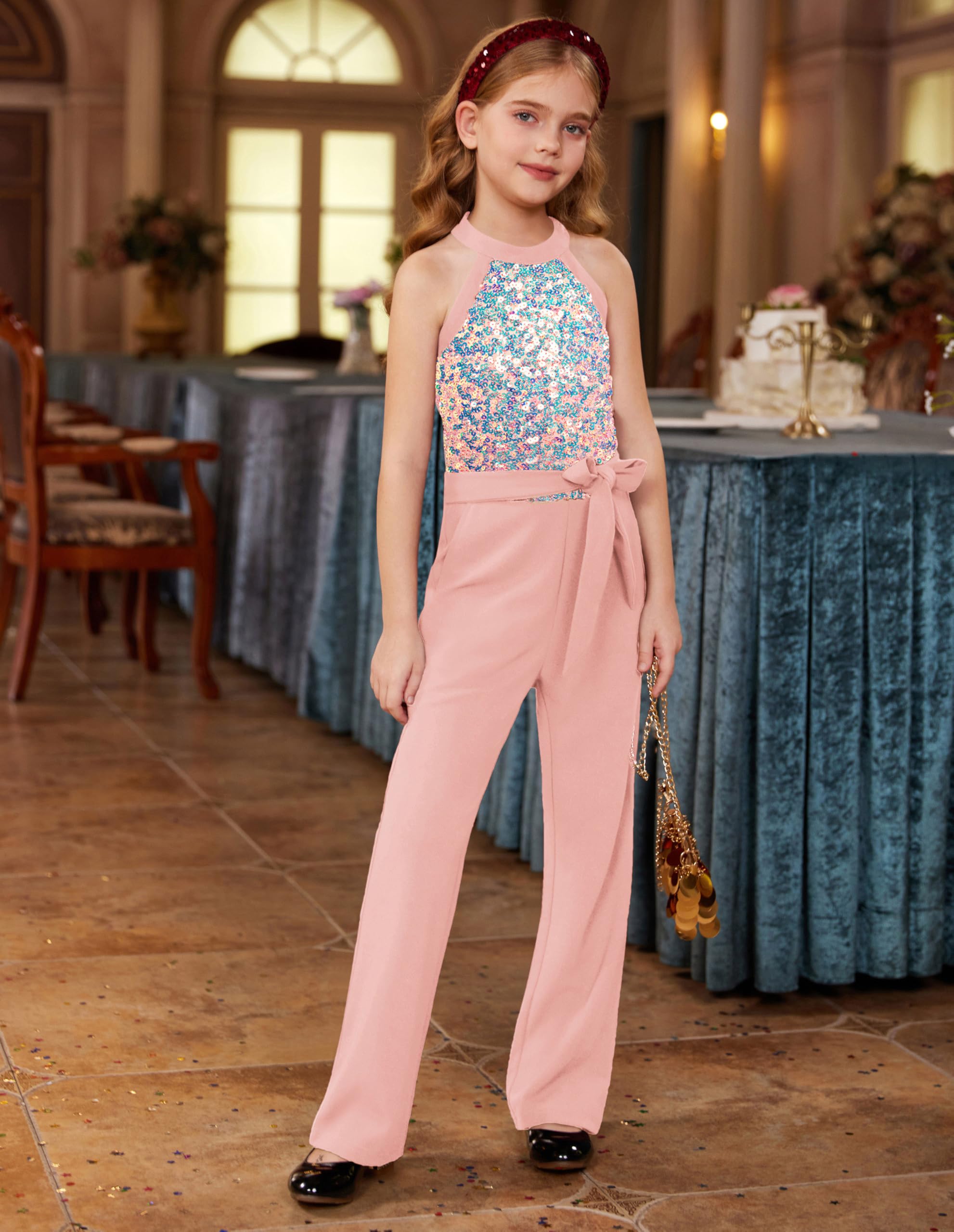 GRACE KARIN Mono de lentejuelas para niña, con bolsillos, para bailar jazz, discoteca, fiesta, disfraz para niños, ropa festiva