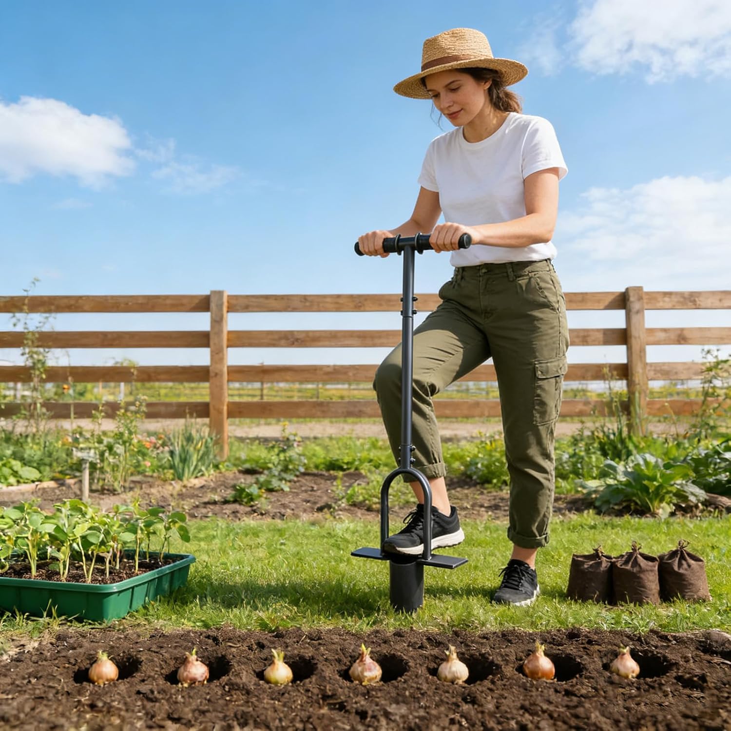 Sod Plugger Tool, Grass Plugger Tool for Lawn Planting Bulbs and Grass Repair,with Dual Pedals and Foot Ejector, Bulb Planter W/Sharp Serrations and Non-Slip Soft Grip Handle, Easy Assembly