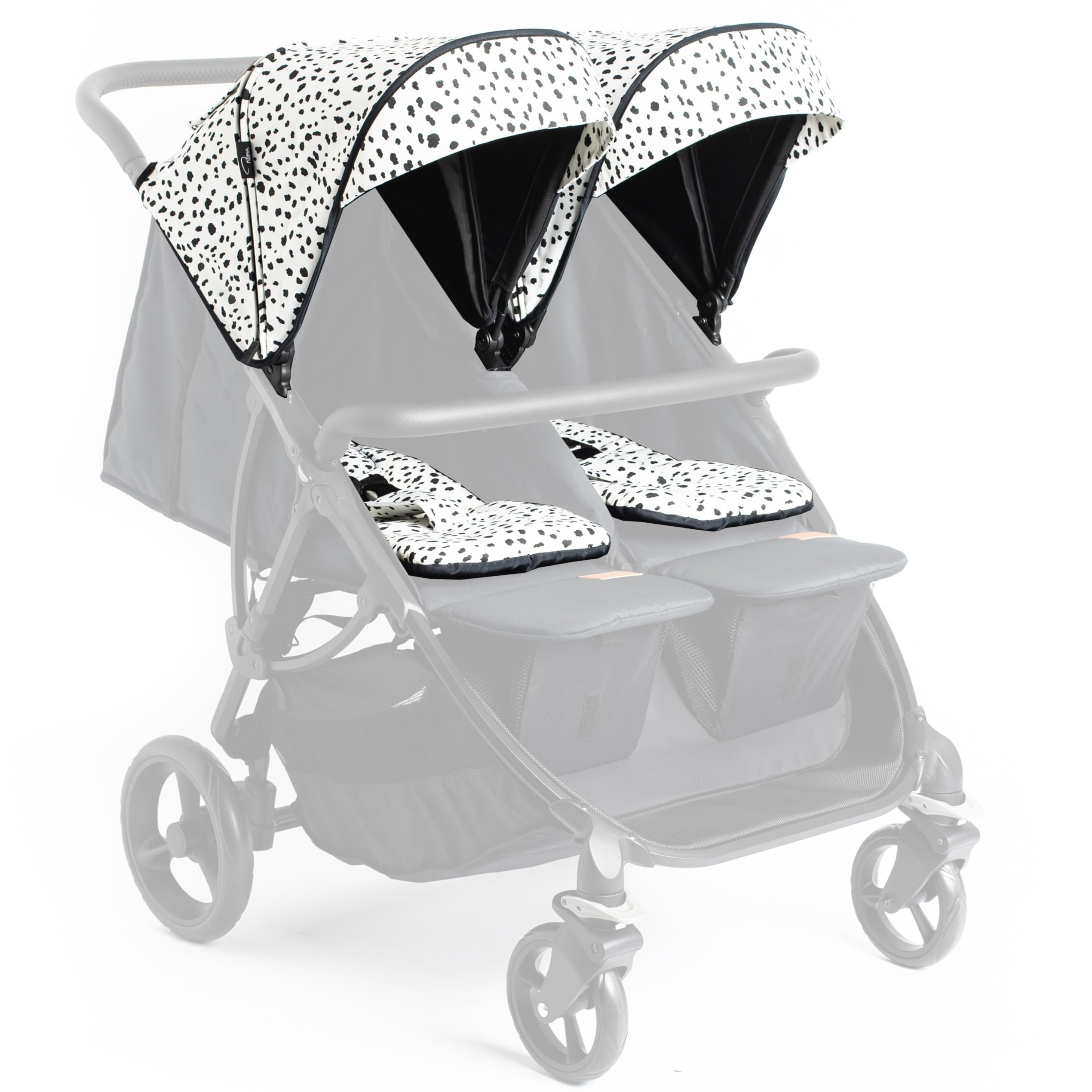 Cochecito doble Roma Gemini, paquete de colores - Dálmata - Compacto, lado a lado, para recién nacidos, 69 cm de ancho, 22 kg por asiento, arnés magnético, ruedas antipinchazos, protector de lluvia