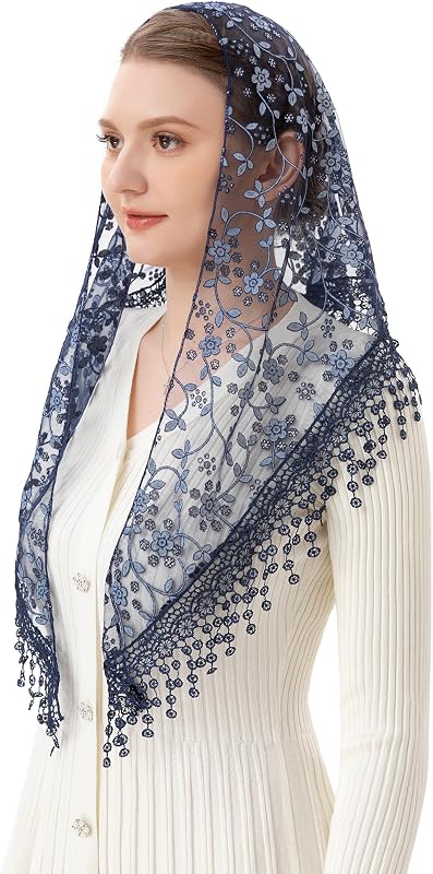 PAMOR Triangle Lace Veil Mantilla Cathedral Head Covering Chapel Veil for Mass Wedding Bridesmaids