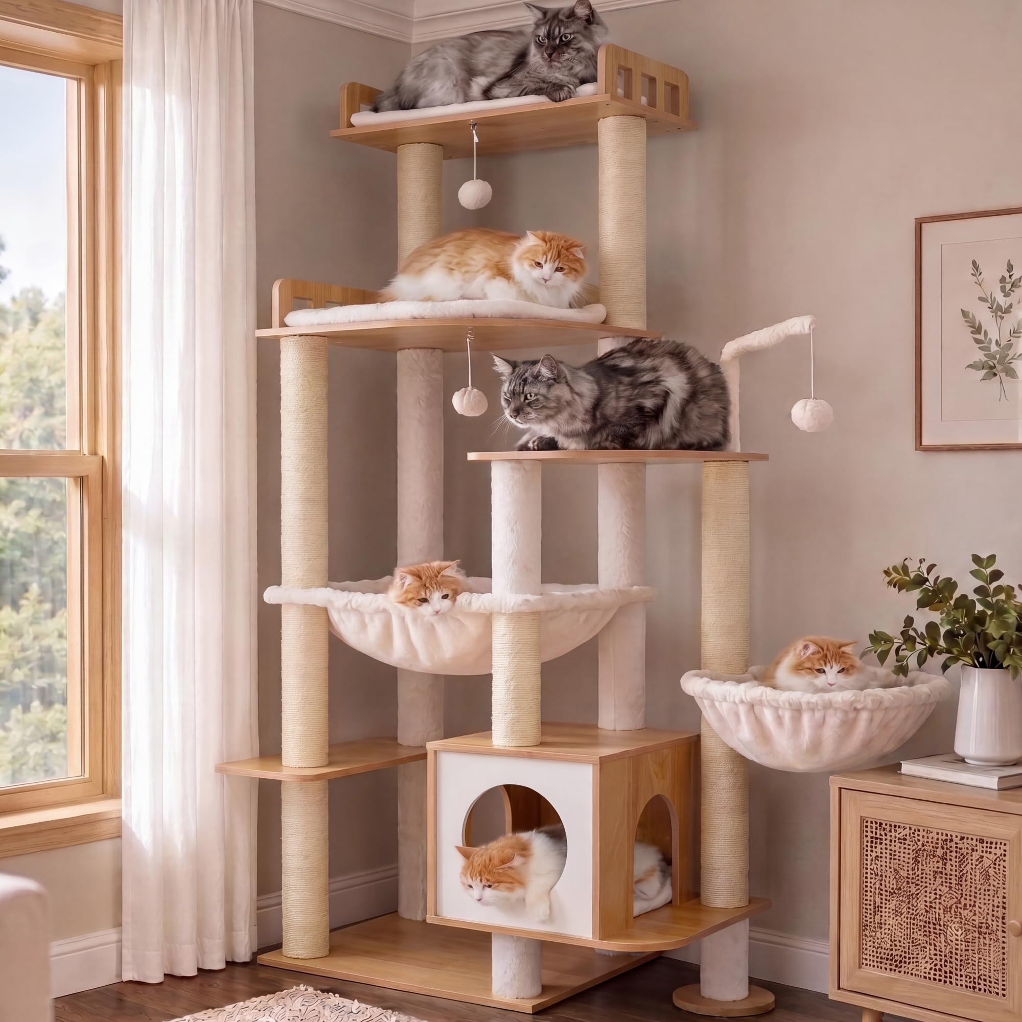 Heybly Árbol rascador para Gatos en Madera, 179 cm de Altura, con Plataforma Grande, Postes Rascadores de Sisal, Casita para Gatos y Hamaca, Construcción Robusta, Montaje Sencillo, Nogal HCT121WB