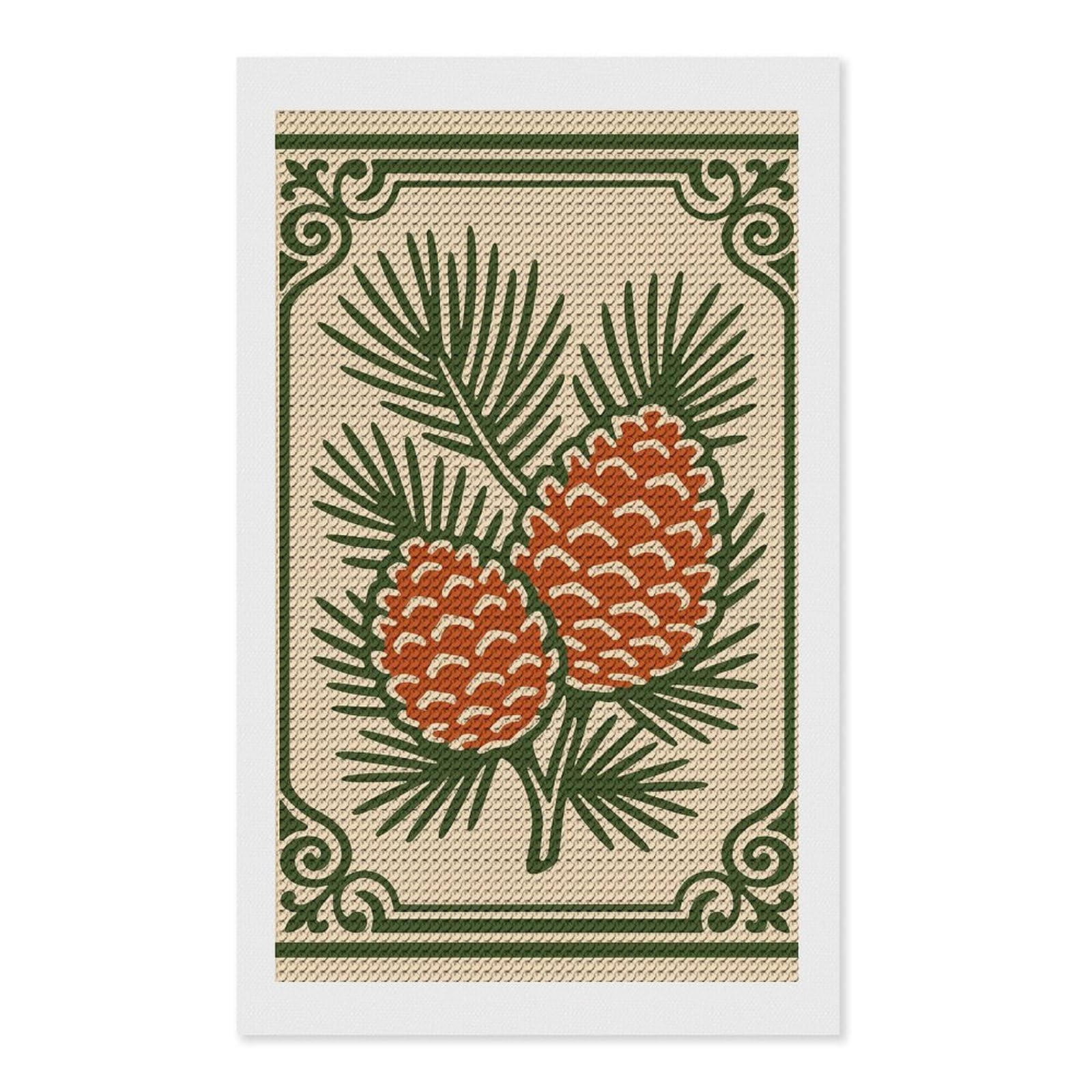 Junmoney Pine Cones Illustration with Decorative Border Diamond Painting Canvas Kit 12"x20", Relaxing DIY, Modern Decor, Aesthetic Room Decor, Home Wall Art, Wall Art Gift