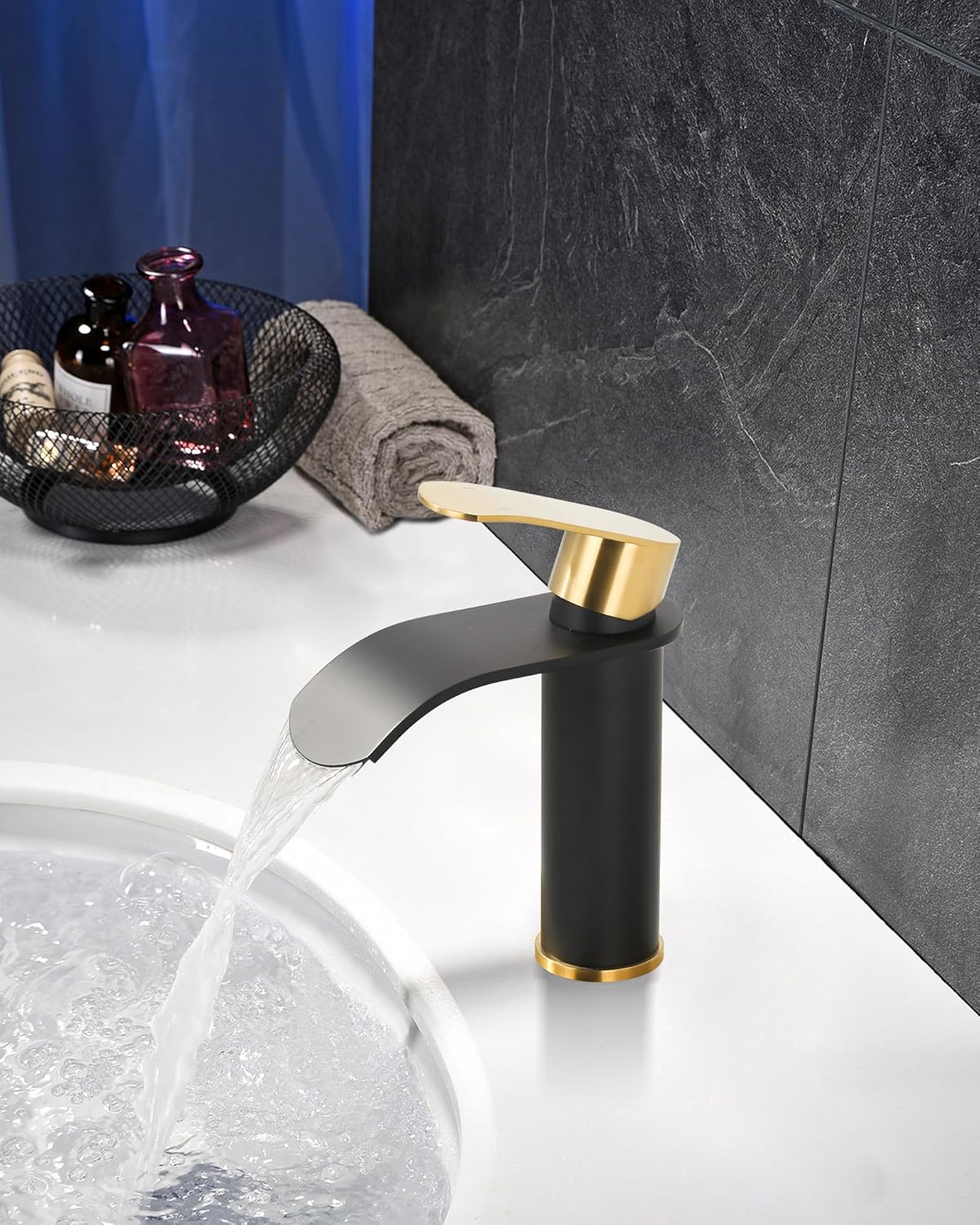 Waterfall Bathroom Faucet: WOWOW Black and Gold Modern Single Handle Bathroom Faucets for 1 or 3 Hole Bathroom Sink Faucet Mixer Tap Washbasin Faucet with Deck, Pop-up Drain and Supply Hoses - Image 2