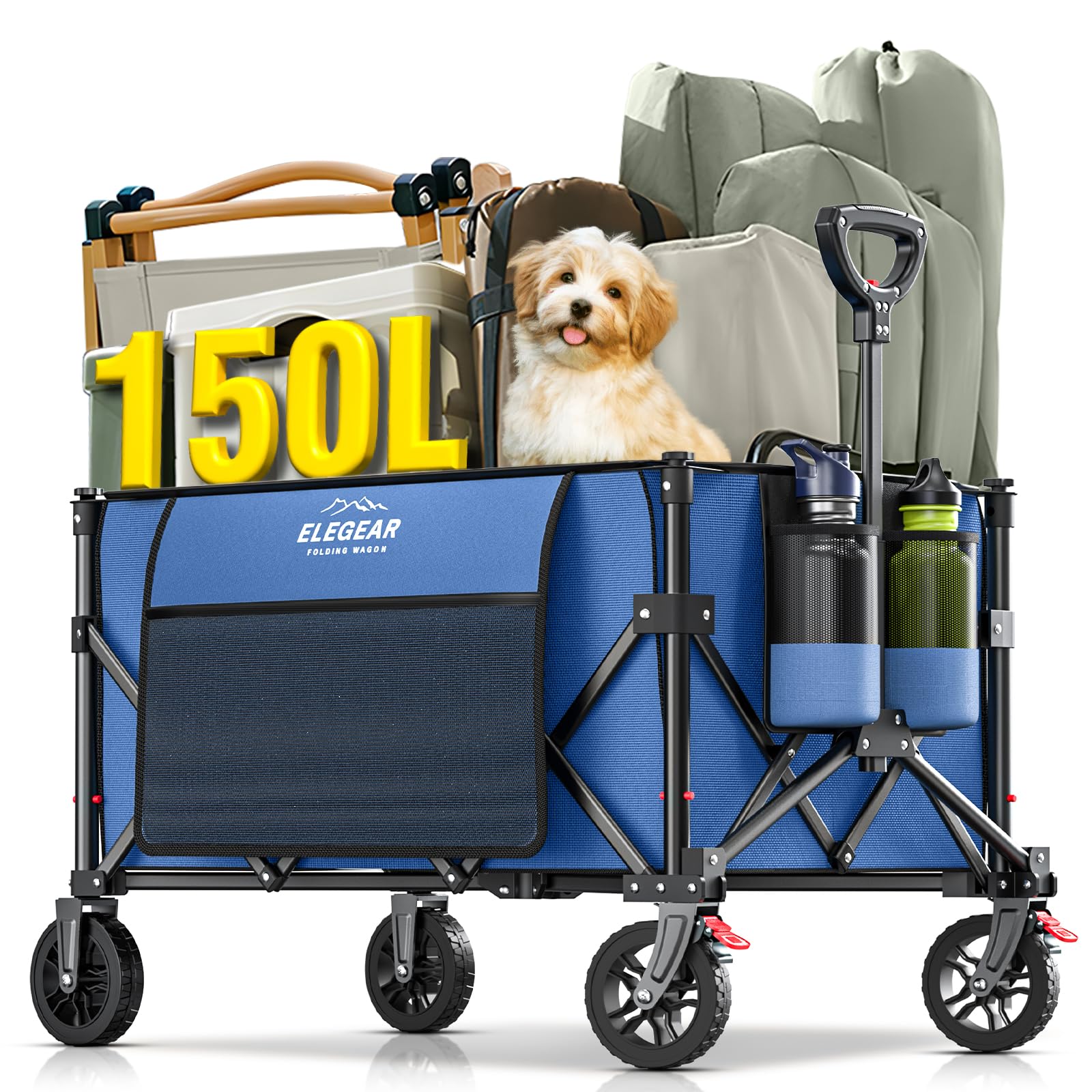 Elegear Carro de Playa Plegable con Ruedas 150L, Carro de Jardín Plegable con asa Ajustable y Portavasos, Carrito Transporte Plegable para Camping Compras Deportes, Azul