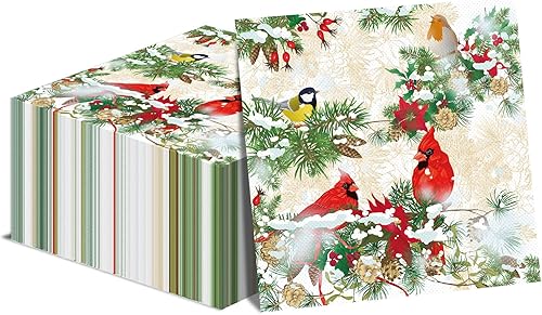 50 servilletas de Navidad para invitados, paquete de papel desechable de 3 capas, diseño de pájaro cardenal rojo, servilletas de mano, decoración de