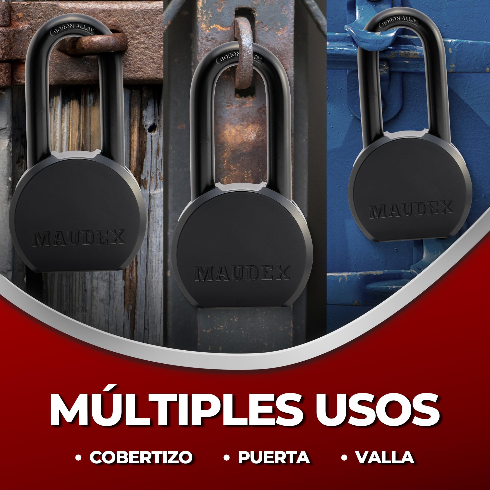 Maudex® PME65 Candado para uso intensivo: candado alta seguridad con arco de aleación de boro, diseño resistente a la intemperie y 5 llaves de latón. Para cobertizos, puertas