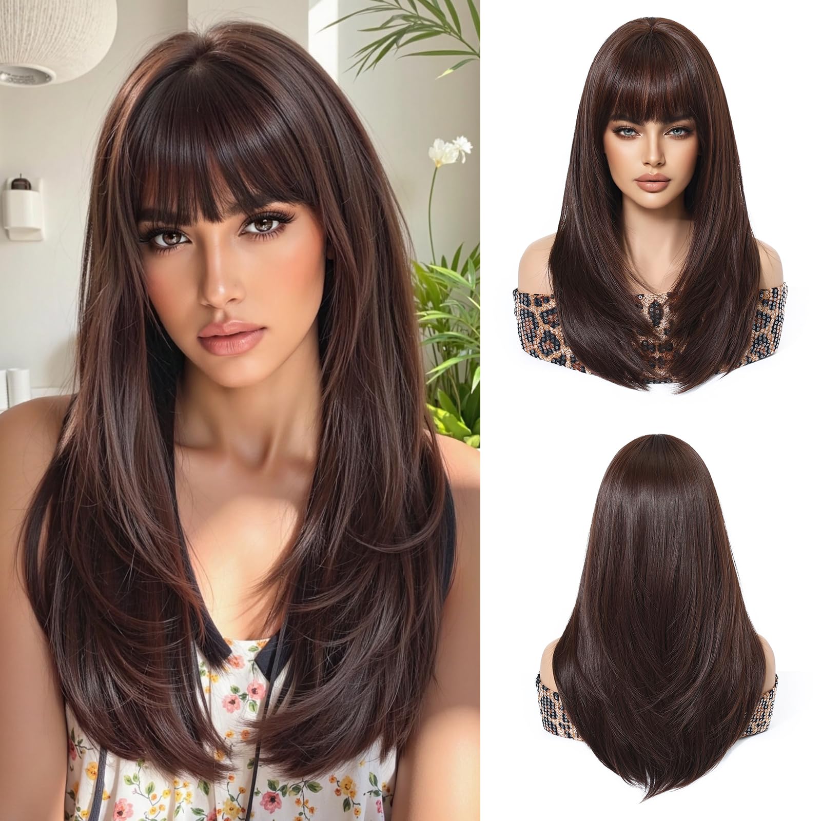 Esmee Long Straight Coffee Brown Wigs for Women with Fringe Natural Synthetic Hair Ombre Wig for Daily & Party Use