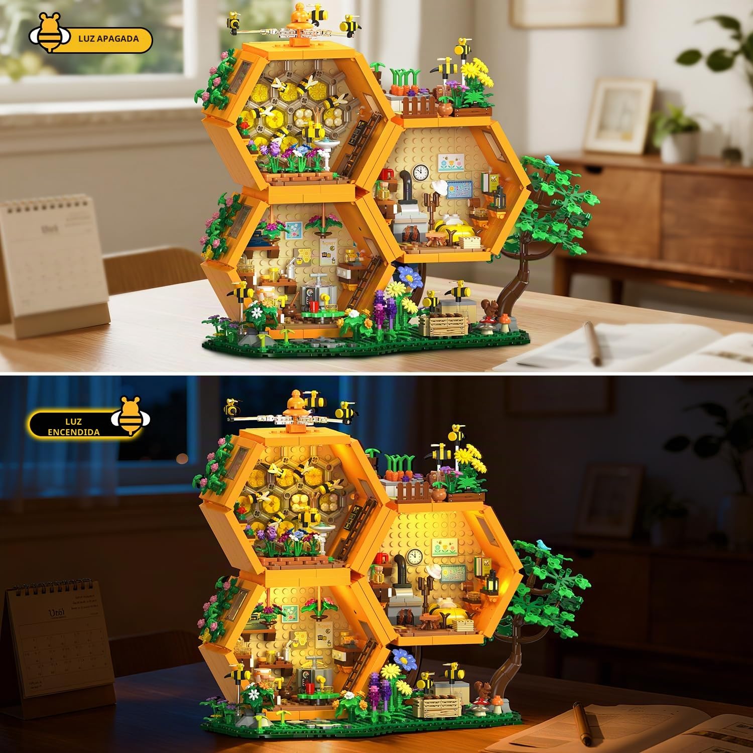 INSOON Set de Construcción Casa Granja de Abejas con Luz para Adultos | Juguete de Bloques de Cabaña de Miel con Flores, Kit de Maqueta de Casa Árbol para del Hogar, Regalo para Niñas de 12+