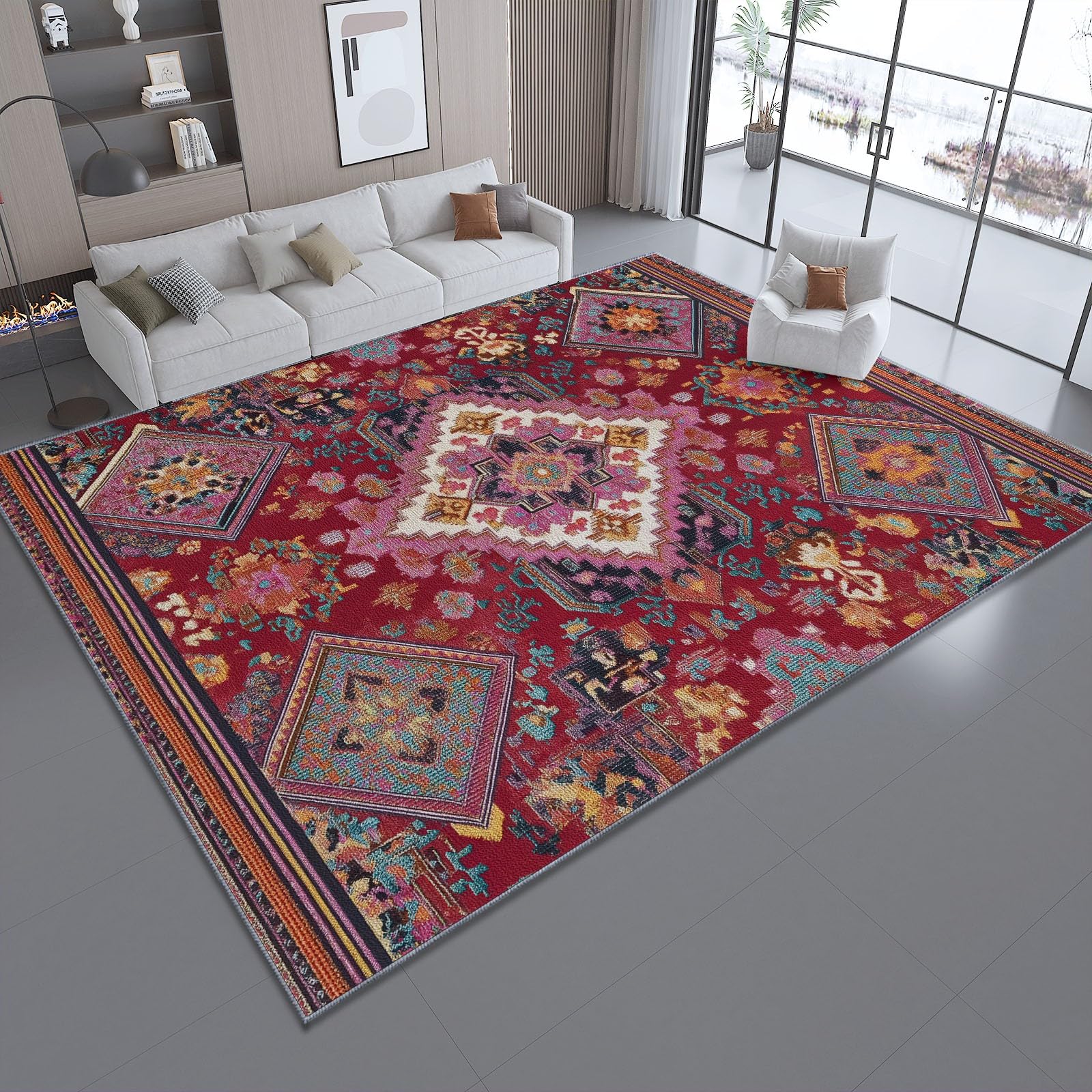 Tapis de salon à poils courts antidérapant moderne rouge et beige