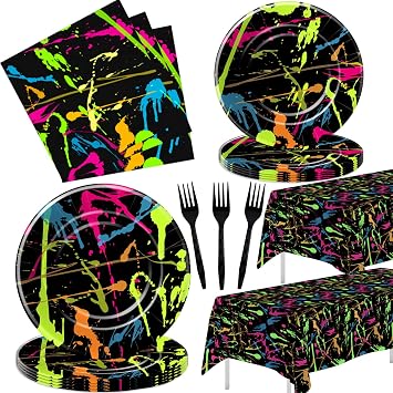 Neon Party Supplies Dinnerware, Neon Graffiti Theme Glow In The Dark Party Decorations Tableware for Birthday Baby Shower, Paper Plate, Napkin, Tablecloth, Fork | Serves 24