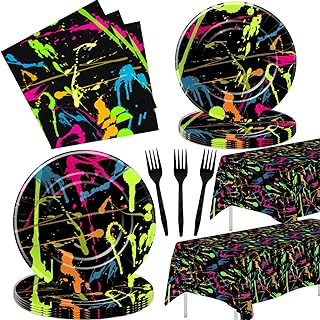 Neon Party Supplies Dinnerware, Neon Graffiti Theme Glow In The Dark Party Decorations Tableware for Birthday Baby Shower, Paper Plate, Napkin, Tablecloth, Fork | Serves 24