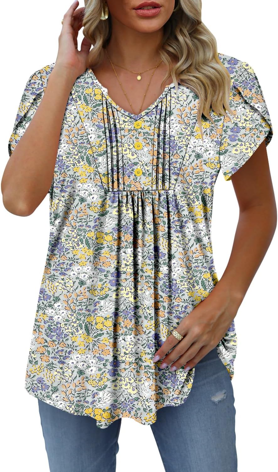 CHICZONE Women’s V Neck Pleated Tunic Tops Button Down Blouses Short Sleeve Shirts for Leggings