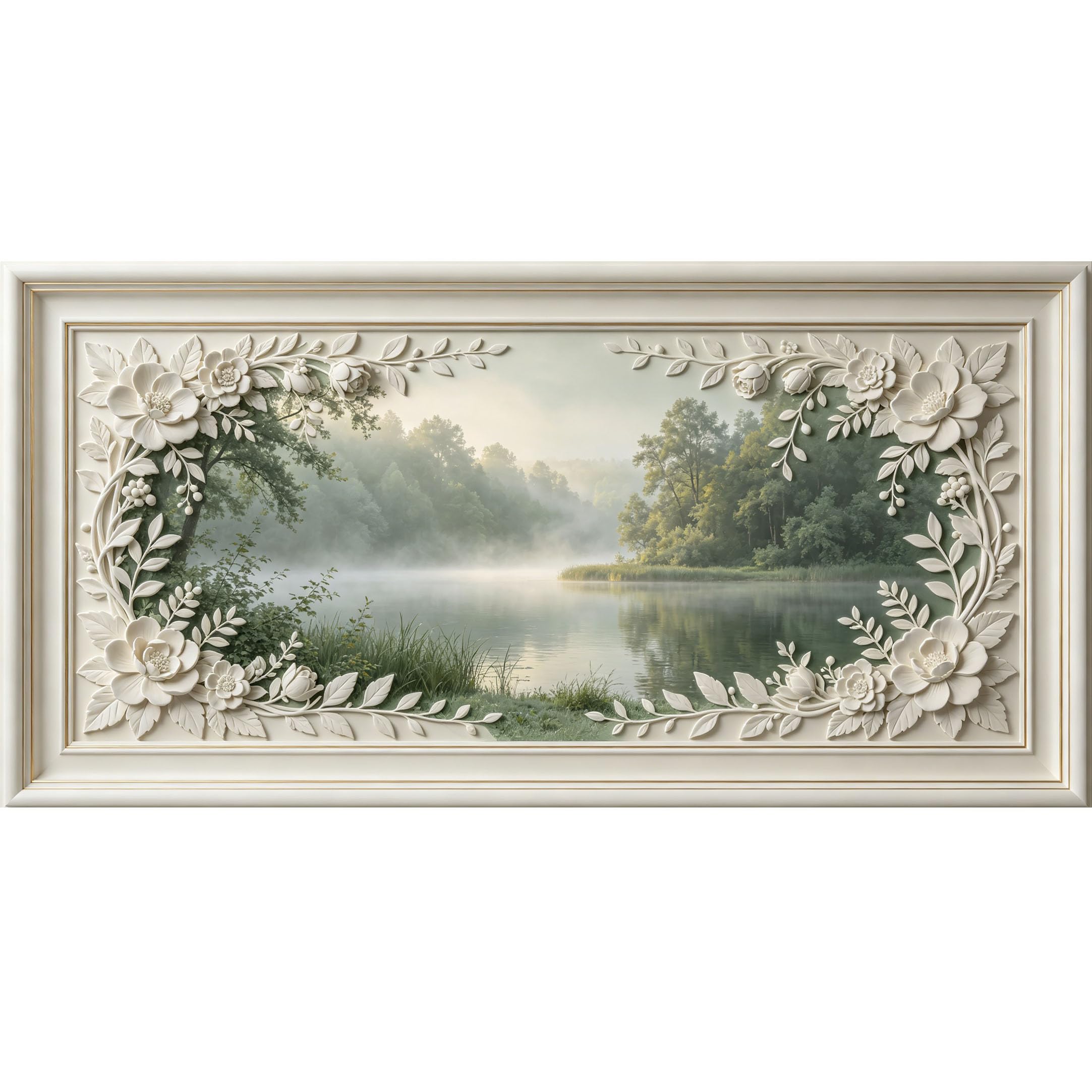 Agglomerix 3D Framed Wall Art Misty Lake Forest Landscape Botanical Relief Effect Large Size SelfAdhesive Removable Wall Decor Prints Artwork for Living Room Bedroom Office