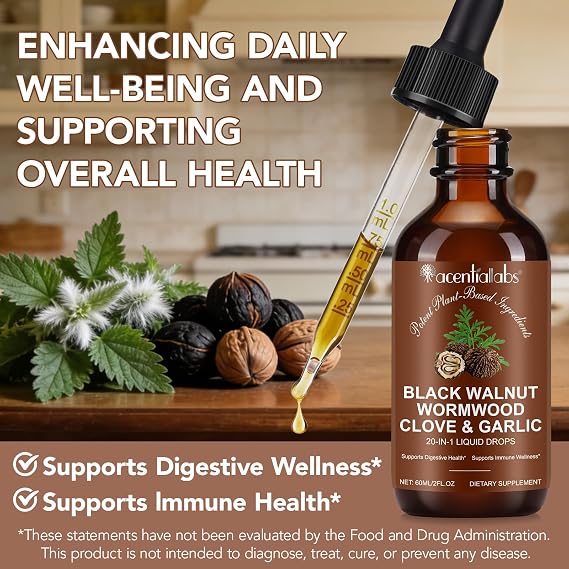 20 in 1 Black Walnut Wormwood Tincture,Black Walnut Hull Extract Promotes a Healthy Gut & Immune Wellness,with Clove,Pumpkin Seed,Garlic,Oregano,Berberine,Gut-Friendly,Alcohol-Free - 2FL