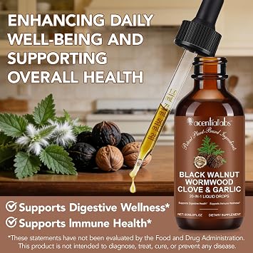 20 in 1 Black Walnut Wormwood Tincture,Black Walnut Hull Extract Promotes a Healthy Gut & Immune Wellness,with Clove,Pumpkin Seed,Garlic,Oregano,Berberine,Gut-Friendly,Alcohol-Free - 2FL