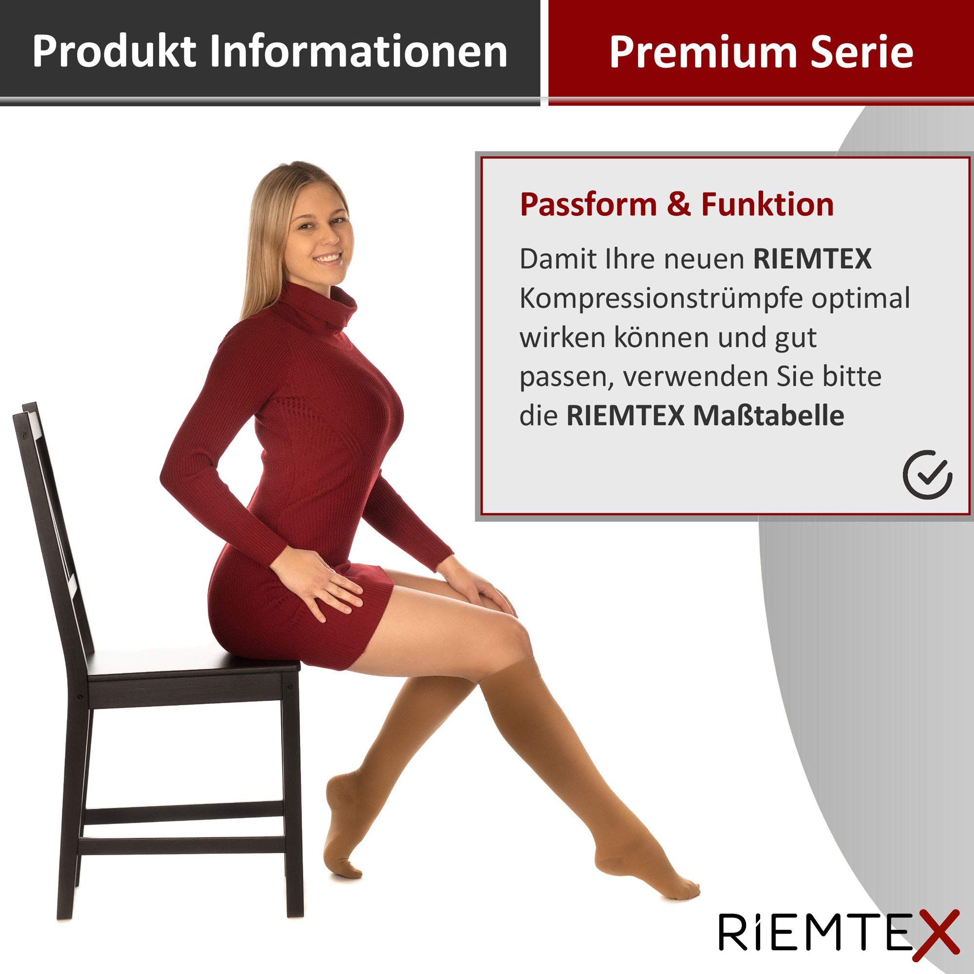 RIEMTEX medizinische Kompressionsstrümpfe Klasse 2 CCL2 23-32 mmHg Wadenstrümpfe für Damen Geschlossene Spitze PREMIUM Serie 3211a (Größe 2, Caramell)