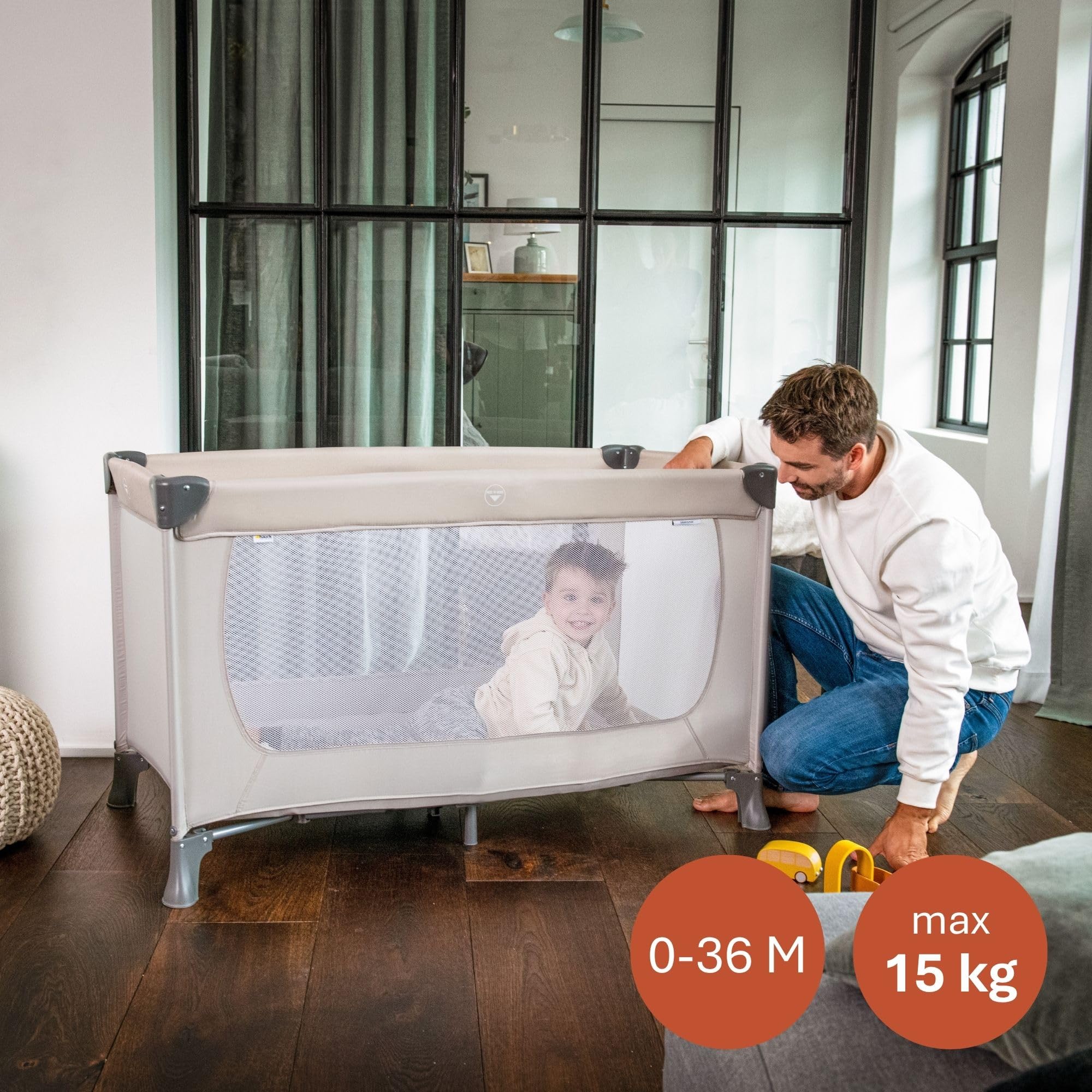 hauck Dream N Play, Beige - Baby & Kinder Reisebett mit Tragetasche ab Geburt bis 15 kg, Schnell & Kompakt Faltbar, Große Netzfenster