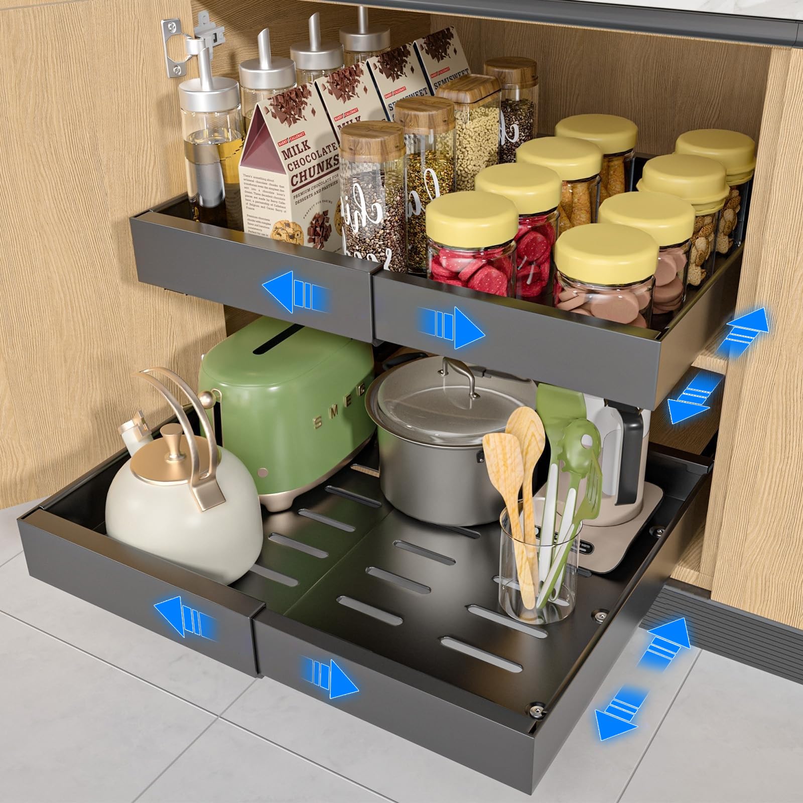 NATURE'S SOURCE Pull Out Cabinet Organizer Expandable Width (12.6'' to 21'') 16.5'' Deep Slide Out Drawers Pull Out Drawers Fixed with Adhesive Nano Film or Nail for Kitchen Bathroom, 1 Pack