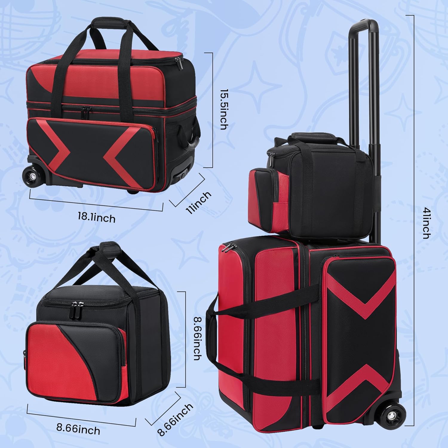 3 Ball Bowling Bag with Wheels, Rolling Bowling Bag 3 Ball Roller with Multi-pocket & Shoe Compartment (Up To US Men Size 16), 2 Ball Bowling Roller Bag PLUS 1 Ball Tote