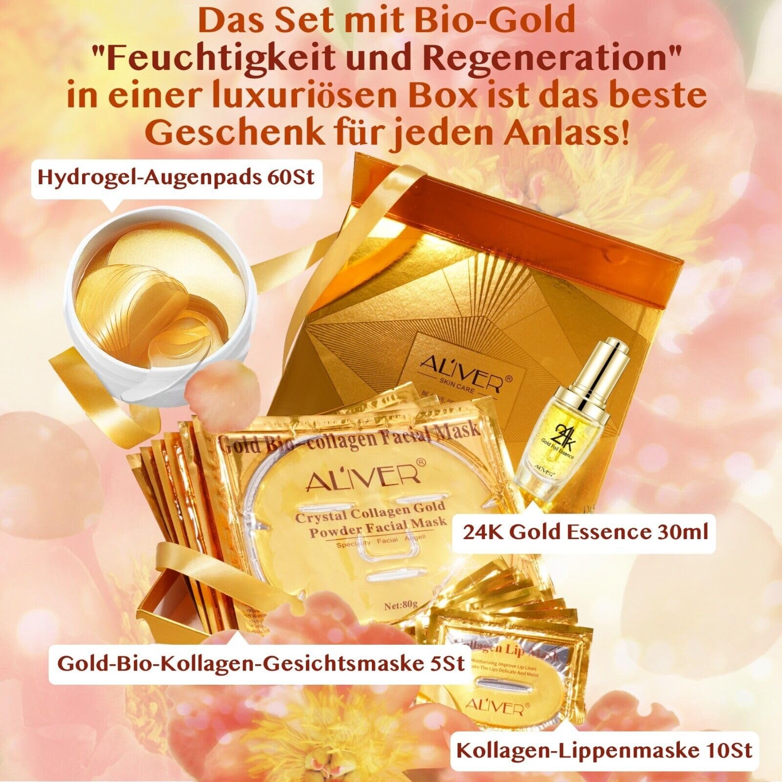 Geschenkset: Luxus Bio-Gold Set 24K Gold Collagen - 5x Gesichtsmaske, 10x Lippenmaske, Goldessenz Gesichts Serum, 60x Augenpads - Komplettes Gesichtspflege & Anti-Aging Geschenkset - 76 Pflegeprodukte