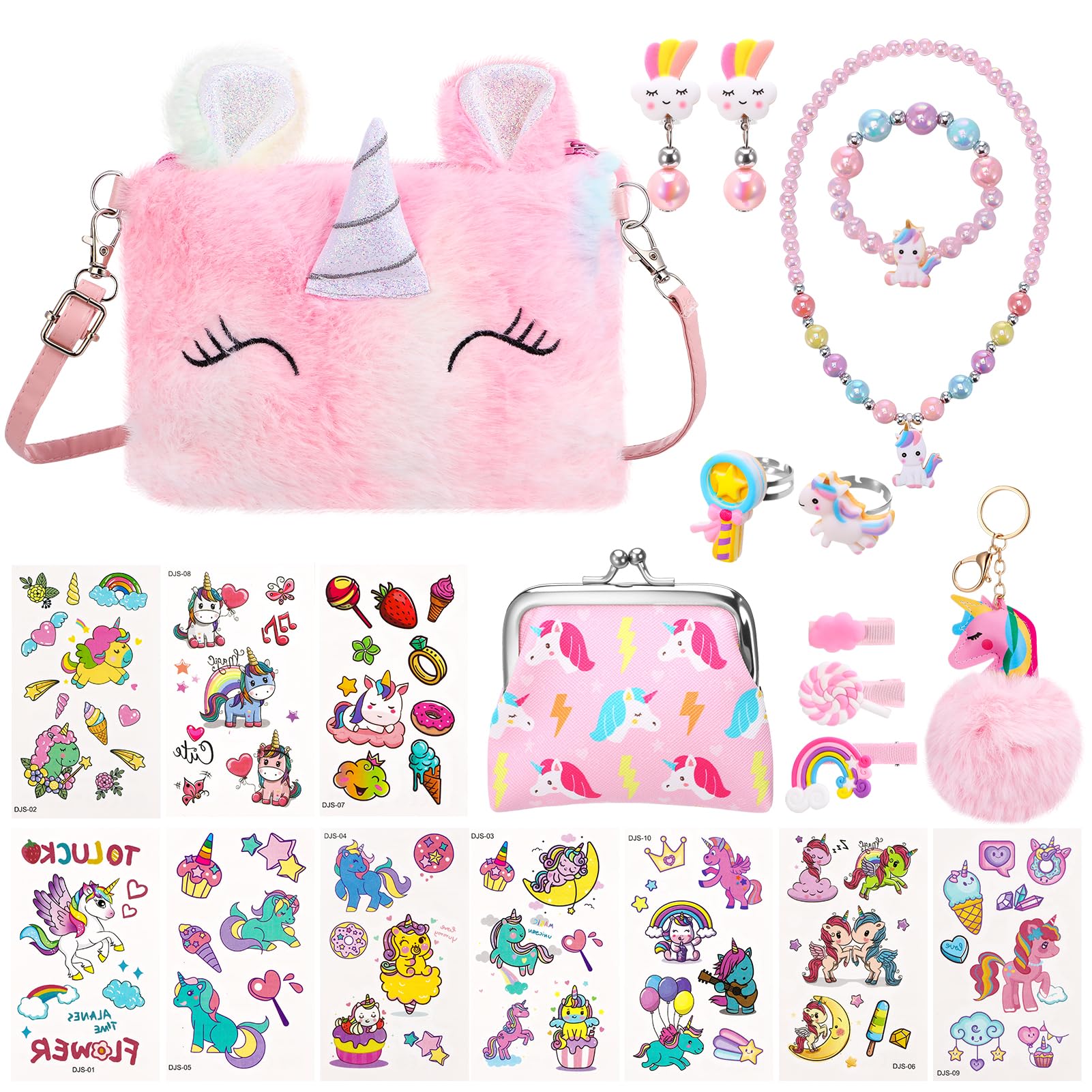 ViEinkaufen Confezione da 13 gioielli per bambini, regali a forma di unicorno, giocattoli per bambine di 4, 5 e 6 anni, con borsa a tracolla, portamonete, collana, braccialetto, adesivi, ideali per