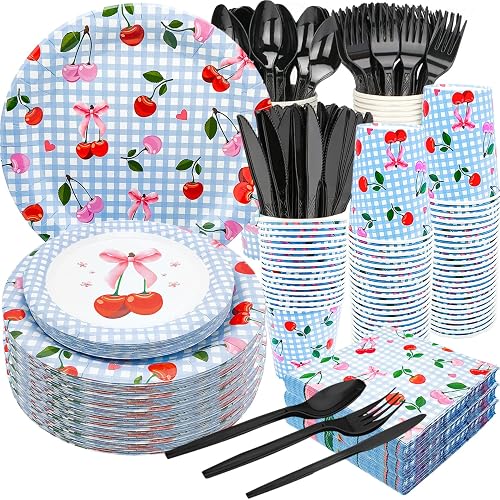 175Pcs Cherry Blue Gingham Party Supplies 9"& 7"Cherry Blue Gingham Paper Plates Cherry Napkins Knives Forks Spoons Cups for Baby Shower BBQs Cherry on Top Bachelorette Birthday Party Decor Serve25