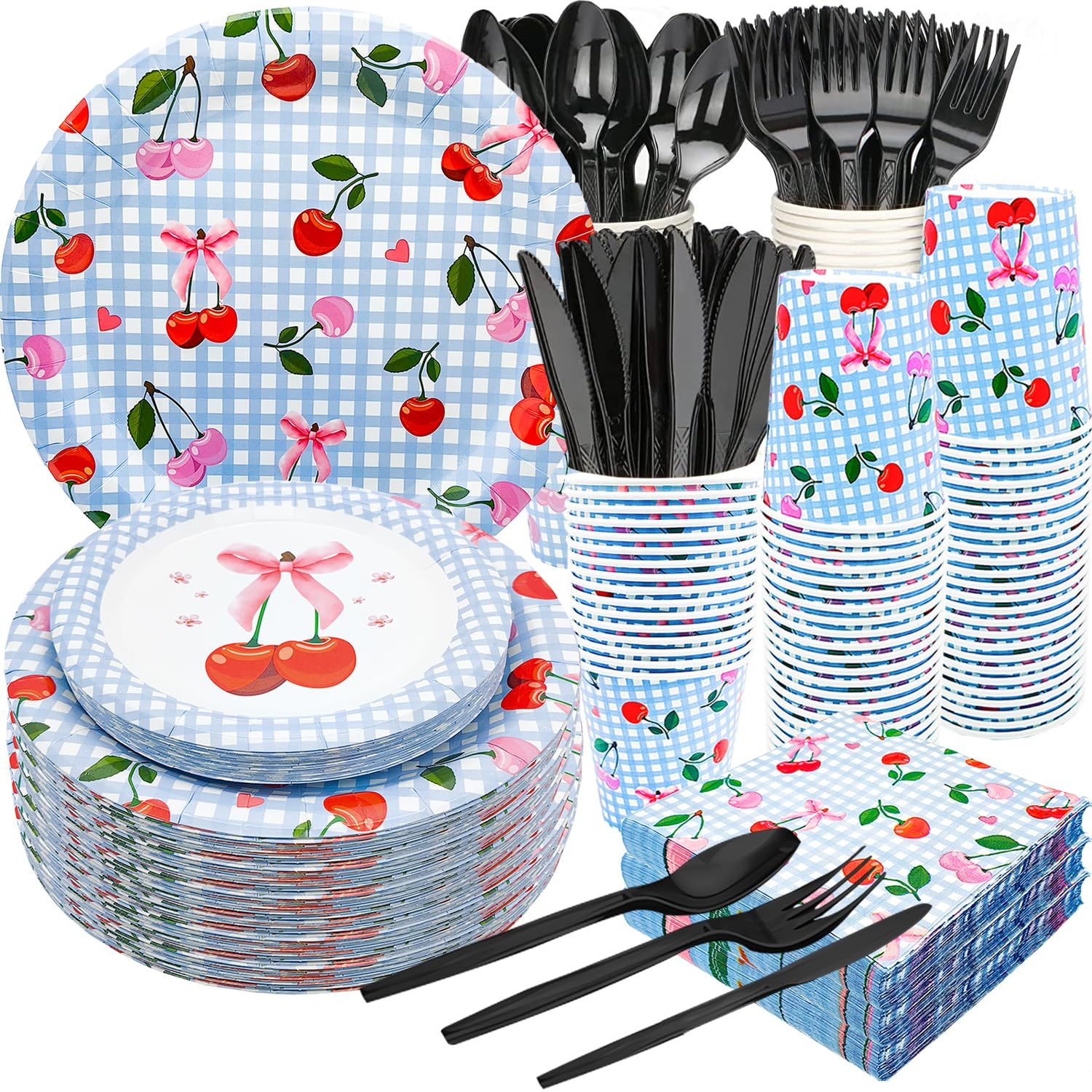 Photo 1 of 175Pcs Cherry Blue Gingham Party Supplies 9"& 7"Cherry Blue Gingham Paper Plates Cherry Napkins Knives Forks Spoons Cups for Baby Shower BBQs Cherry on Top Bachelorette Birthday Party Decor Serve25