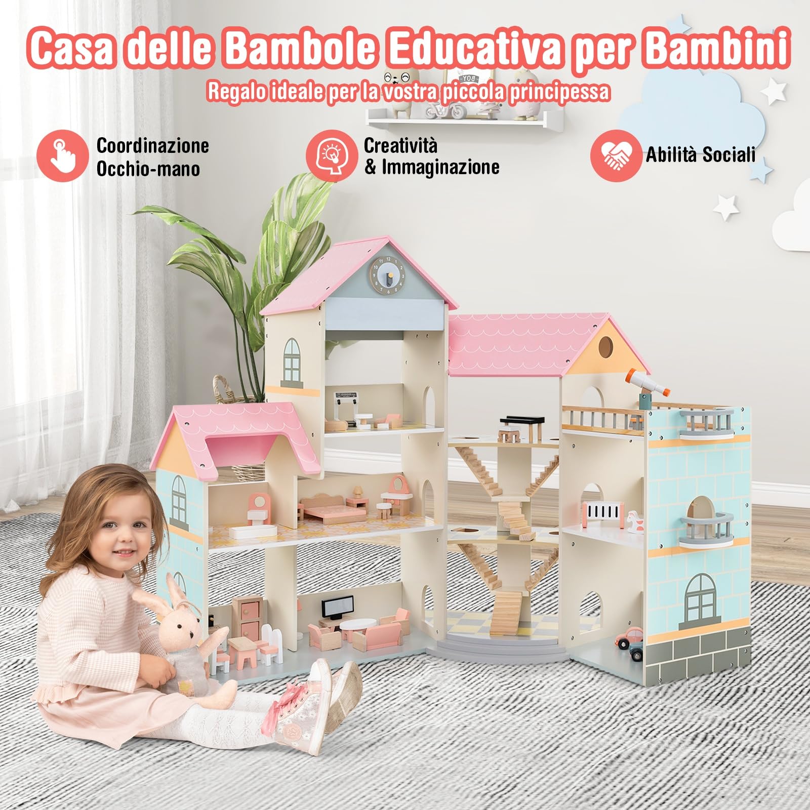 RELAX4LIFE Casa delle Bambole Alto 95 cm, Villa di Lusso in Legno, 41 Mobili e Accessori inclusi, Cameretta, Terrazza e Garage, Giocattolo per Bambini 3+ Anni (ROSA)
