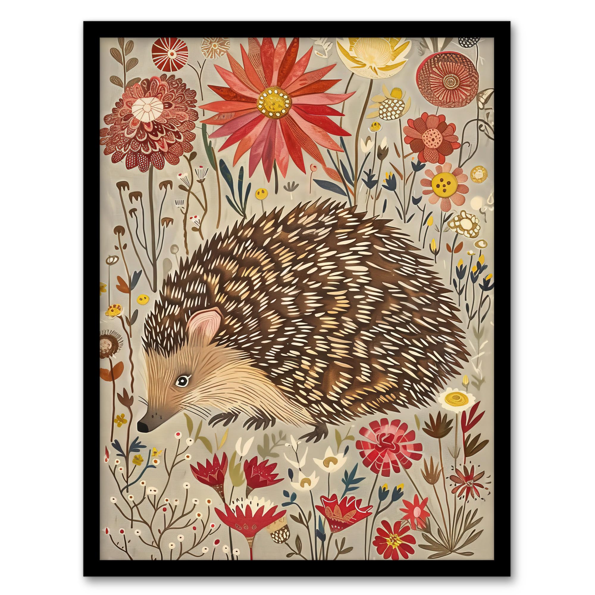Artery8 Cute Hedgehog Floral Artwork Rustic Woodland Living Room Artwork Framed Wall Art Print A4